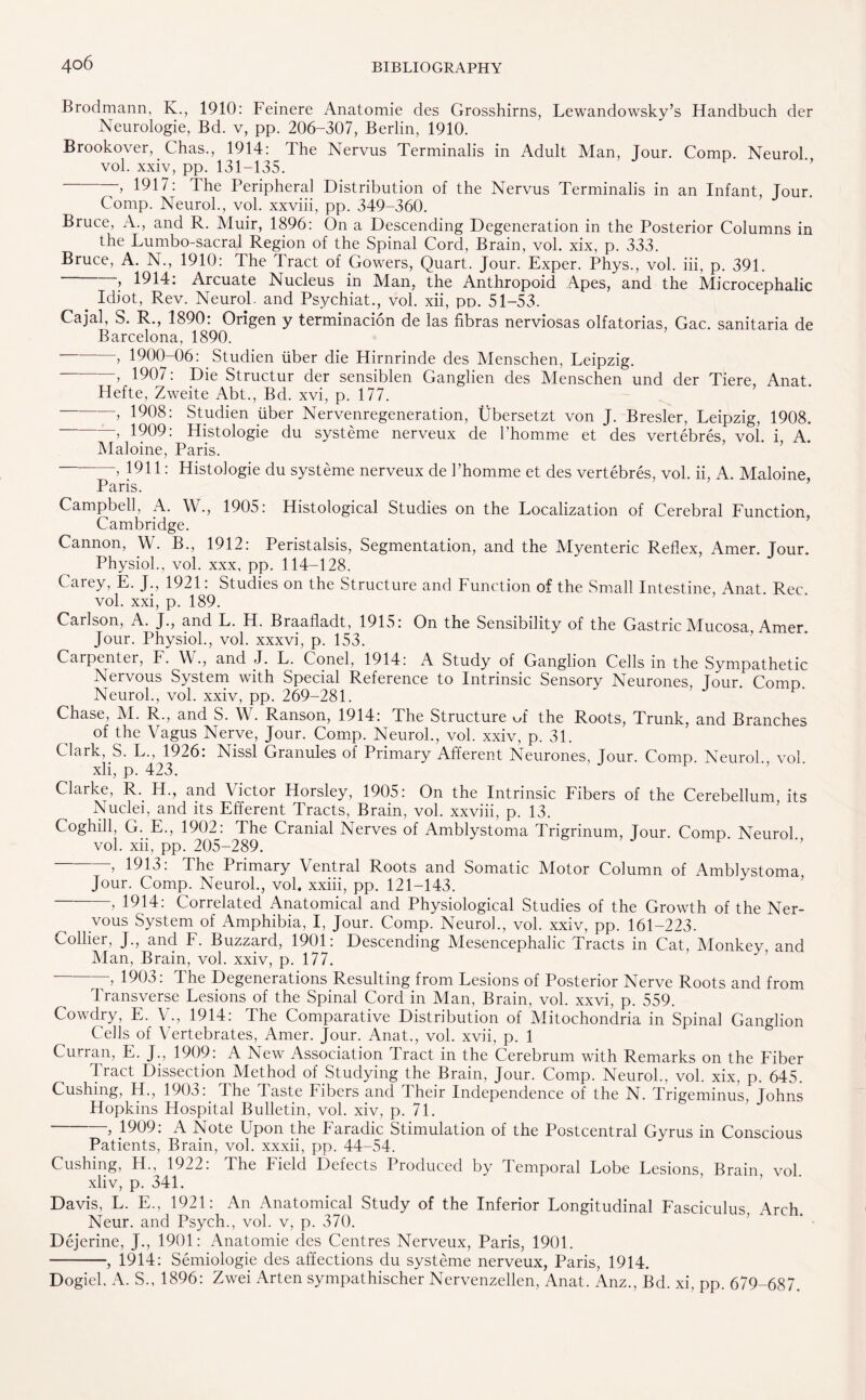 Brodmann, K., 1910: Feinere Anatomie des Grosshirns, Lewandowsky’s Handbuch der Neurologie, Bd. v, pp. 206-307, Berlin, 1910. Brookover, Chas., 1914: The Nervus Terminalis in Adult Man, Jour. Comp. Neurol vol. xxiv, pp. 131-135. -, 1917: The Peripheral Distribution of the Nervus Terminalis in an Infant, Jour. Comp. Neurol., vol. xxviii, pp. 349-360. Bruce, A., and R. Muir, 1896: On a Descending Degeneration in the Posterior Columns in the Lumbo-sacral Region of the Spinal Cord, Brain, vol. xix, p. 333. Bruce, A. N., 1910: The Tract of Gowers, Quart. Jour. Exper. Phys., vol. iii, p. 391. > 1914: Arcuate Nucleus in Man, the Anthropoid Apes, and the Microcephalic Idiot, Rev. Neurol, and Psychiat., vol. xii, pd. 51-53. Cajal, S. R., 1890: Origen y terminacion de las libras nerviosas olfatorias, Gac. sanitaria de Barcelona, 1890. > 1900-06: Studien fiber die Hirnrinde des Menschen, Leipzig. -> 1907: Die Structur der sensiblen Ganglien des Menschen und der Tiere, Anat. Hefte, Zweite Abt., Bd. xvi, p. 177. , 1908: Studien liber Nervenregeneration, Ubersetzt von J. Bresler, Leipzig, 1908. > 1909: Histologie du systeme nerveux de l’homme et des vertebres, vol. i, A. Maloine, Paris. -> 1911: Histoiogie du systeme nerveux de Phomme et des vertebres, vol. ii, A. Maloine, Paris. Campbell, A. W., 1905: Histological Studies on the Localization of Cerebral Function, Cambridge. Cannon, W. B., 1912: Peristalsis, Segmentation, and the Myenteric Reflex, Amer. Jour. Physiol., vol. xxx, pp. 114-128. Carey, E. J., 1921: Studies on the Structure and Function of the Small Intestine, Anat. Rec vol. xxi, p. 189. Carlson, A. J., and L. H. Braafladt, 1915: On the Sensibility of the Gastric Mucosa, Amer. Jour. Physiol., vol. xxxvi, p. 153. Carpenter, F. W., and J. L. Conel, 1914: A Study of Ganglion Cells in the Sympathetic Nervous System with Special Reference to Intrinsic Sensory Neurones, Tour. Como. Neurol., vol. xxiv, pp. 269-281. Chase, M. R., and S. W. Ranson, 1914: The Structure of the Roots, Trunk, and Branches of the Vagus Nerve, Jour. Comp. Neurol., vol. xxiv, p. 31. Clark, S. L., 1926. Nissl Granules of Primary Afferent Neurones, Jour. Comp. Neurol, vol xli, p. 423. Clarke, R. H., and Victor Horsley, 1905: On the Intrinsic Fibers of the Cerebellum, its Nuclei, and its Efferent Tracts, Brain, vol. xxviii, p. 13. Coghill, G. E., 1902: The Cranial Nerves of Amblystoma Trigrinum, Jour. Comp. Neurol vol. xii, pp. 205-289. > 1913: The Primary Ventral Roots and Somatic Motor Column of Amblystoma. Jour. Comp. Neurol., vol. xxiii, pp. 121-143. > 1914: Correlated Anatomical and Physiological Studies of the Growth of the Ner¬ vous System of Amphibia, I, Jour. Comp. Neurol., vol. xxiv, pp. 161-223. Collier, J., and F. Buzzard, 1901: Descending Mesencephalic Tracts in Cat, Monkey, and Man, Brain, vol. xxiv, p. 177. > The Degenerations Resulting from Lesions of Posterior Nerve Roots and from Transverse Lesions of the Spinal Cord in Man, Brain, vol. xxvi, p. 559. Cowdry, E. V., 1914: The Comparative Distribution of Mitochondria in Spinal Ganglion Cells of Vertebrates, Amer. Jour. Anat., vol. xvii, p. 1 Curran, E. J., 1909: A New Association Tract in the Cerebrum with Remarks on the Fiber Tract Dissection Method of Studying the Brain, Jour. Comp. Neurol., vol. xix, p. 645. Cushing, H., 1903: The Taste Fibers and Their Independence of the N. Trigeminus, Johns Hopkins Hospital Bulletin, vol. xiv, p. 71. -—, 1909: A Note Upon the Faradic Stimulation of the Postcentral Gyrus in Conscious Patients, Brain, vol. xxxii, pp. 44-54. Cushing, H., 1922: The Field Defects Produced by Temporal Lobe Lesions, Brain vol. xliv, p. 341. Davis, L. E., 1921: An Anatomical Study of the Inferior Longitudinal Fasciculus Arch Neur. and Psych., vol. v, p. 370. Dejerine, J., 1901: Anatomie des Centres Nerveux, Paris, 1901. -, 1914: Semiologie des affections du systeme nerveux, Paris, 1914. Dogiel, A. S., 1896: Zwei Arten sympathischer Nervenzellen, Anat. Anz., Bd. xi, pp. 679-687