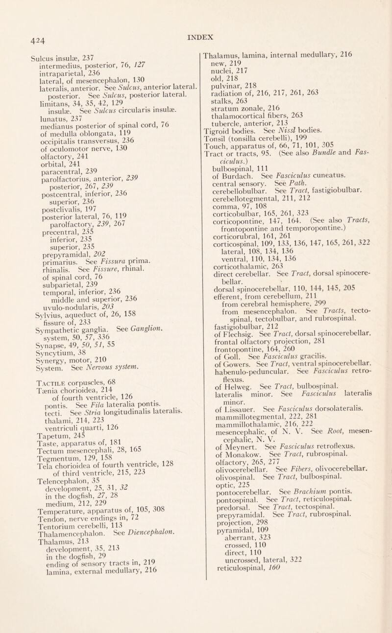 Sulcus insulae, 237 intermedius, posterior, 76, 127 intraparietal, 236 lateral, of mesencephalon, 130 lateralis, anterior. See Sulcus, anterior lateral. posterior. See Sulcus, posterior lateral, limitans, 34, 35, 42, 129 insulae. See Sulcus circularis insulae, lunatus, 237 medianus posterior of spinal cord, / 6 of medulla oblongata, 119 occipitalis transversus, 236 of oculomotor nerve, 130 olfactory, 241 orbital, 241 paracentral, 239 parolfactorius, anterior, 239 posterior, 267, 239 postcentral, inferior, 236 superior, 236 postclivalis, 197 posterior lateral, 76, 119 parolfactory, 239, 267 precentral, 235 inferior, 235 superior, 235 prepyramidal, 202 primarius. See Fissura prima. rhinalis. See Fissure, rhinal, of spinal cord, 76 subparietal, 239 temporal, inferior, 236 middle and superior, 236 uvulo-nodularis, 203 Sylvius, aqueduct of, 26, 158 fissure of, 233 Sympathetic ganglia. See Ganglion. system, 50, 57, 336 Synapse, 49, 50, 51, 55 Syncytium, 38 Synergy, motor, 210 System. See Nervous system. Tactile corpuscles, 68 Tsenia chorioidea, 214 of fourth ventricle, 126 pontis. See Fila lateralia pontis. tecti. See Stria longitudmalis lateralis, thalami, 214, 223 ventriculi quarti, 126 Tapetum, 245 Taste, apparatus of, 181 Tectum mesencephali, 28, 165 Tegmentum, 129, 158 . Q Tela chorioidea of fourth ventricle, 128 of third ventricle, 215, 223 Telencephalon, 35 development, 25, 31, 32 in the dogfish, 27, 28 medium, 212, 229 Temperature, apparatus of, 10a, oUo Tendon, nerve endings in, 72 Tentorium cerebelli, 113 Thalamencephalon. See Diencephalon. Thalamus, 213 development, 35, 213 in the dogfish, 29 . ending of sensory tracts in, ziv lamina, external medullary, 216 Thalamus, lamina, internal medullary, 216 new, 219 nuclei, 217 old, 218 pulvinar, 218 radiation of, 216, 217, 261, 263 stalks, 263 stratum zonale, 216 thalamocortical fibers, 263 tubercle, anterior, 213 Tigroid bodies. See Nissl bodies. Tonsil (tonsilla cerebelli),199 Touch, apparatus of, 66, 71, 101, 305 Tract or tracts, 95. (See also Bundle and Fas¬ ciculus.) bulbospinal, 111 of Burdach. See Fasciculus cuneatus. central sensory. See Path. cerebellobulbar. See Tract, fastigiobulbar. cerebellotegmental, 211, 212 comma, 97, 108 corticobulbar, 165, 261, 323 corticopontine, 147, 164. (See also Tracts, frontopontine and temporopontine.) corticorubral, 161, 261 corticospinal, 109, 133, 136, 147, 165, 261, 322 lateral, 108, 134, 136 ventral, 110, 134, 136 corticothalamic, 263 direct cerebellar. See Tract, dorsal spinocere¬ bellar. dorsal spinocerebellar, 110, 144, 145, 205 efferent, from cerebellum, 211 from cerebral hemisphere, 299 from mesencephalon. See Tracts, tecto¬ spinal, tectobulbar, and rubrospinal, fastigiobulbar, 212 of Flechsig. See Tract, dorsal spinocerebellar, frontal olfactory projection, 281 frontopontine, 164, 260 of Goll. See Fasciculus gracilis, of Gowers. See Tract, ventral spinocerebellar, habenulo-peduncular. See Fasciculus retro- flexus. of Helweg. See Tract, bulbospinal, lateralis minor. See Fasciculus lateralis minor. of Lissauer. See Fasciculus dorsolateralis. mammillotegmental, 222, 281 mammillothalamic, 216, 222 mesencephalic, of N. V. See Root, mesen¬ cephalic, N. V. of Meynert. See Fasciculus retroflexus. of Monakow. See Tract, rubrospinal, olfactory, 265, 277 olivocerebellar. See Fibers, olivocerebellar, olivospinal. See Tract, bulbospinal, optic, 225 pontocerebellar. See Brachium pontis. pontospinal. See Tract, reticulospinal, predorsal. See Tract, tectospinal. _ prepyramidal. See Tract, rubrospinal, projection, 298 pyramidal, 109 aberrant, 323 crossed, 110 direct, 110 uncrossed, lateral, 322 reticulospinal, 160