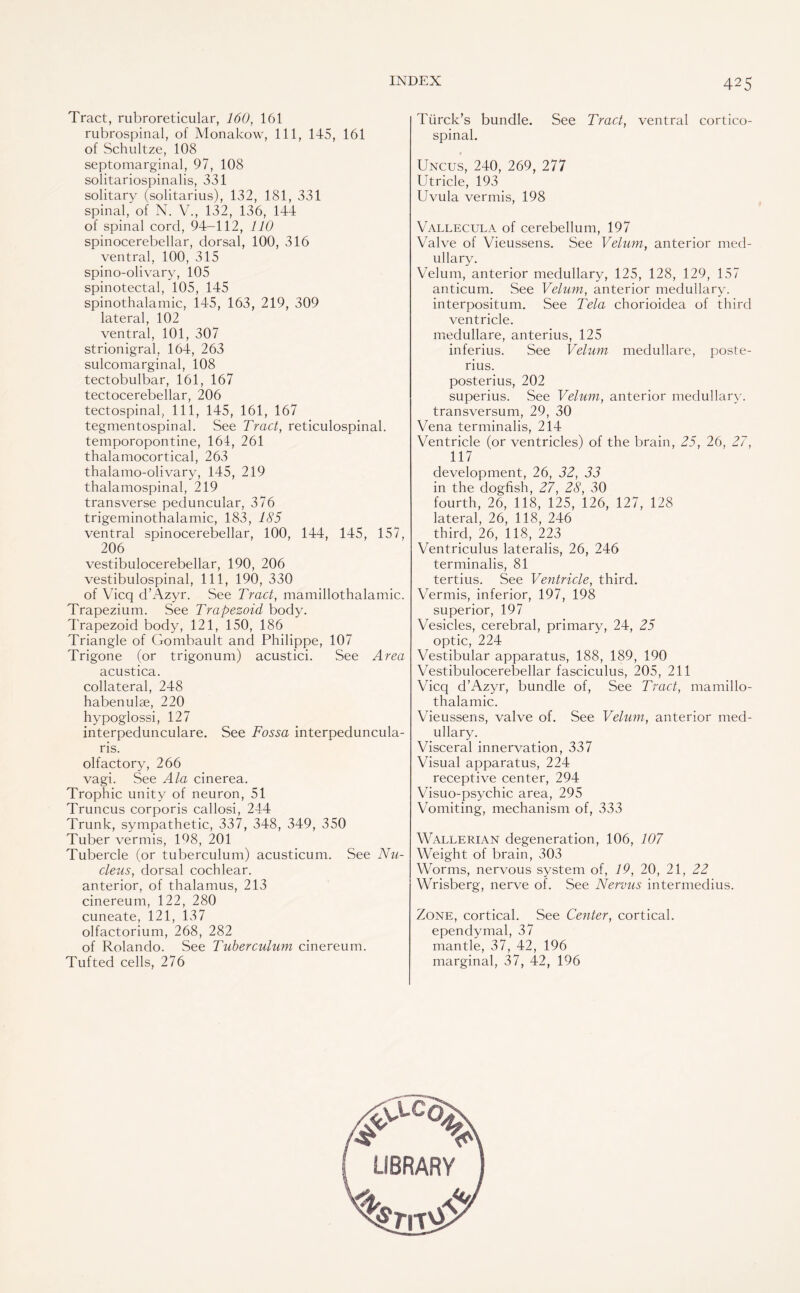 Tract, rubroreticular, 160, 161 rubrospinal, of Monakow, 111, 145, 161 of Schultze, 108 septomarginal, 97, 108 solitariospinalis, 331 solitary (solitarius), 132, 181, 331 spinal, of N. V., 132, 136, 144 of spinal cord, 94-112, 110 spinocerebellar, dorsal, 100, 316 ventral, 100, 315 spino-olivary, 105 spinotectal, 105, 145 spinothalamic, 145, 163, 219, 309 lateral, 102 ventral, 101, 307 strionigral, 164, 263 sulcomarginal, 108 tectobulbar, 161, 167 tectocerebellar, 206 tectospinal, 111, 145, 161, 167 tegmentospinal. See Tract, reticulospinal, temporopontine, 164, 261 thalamocortical, 263 thalamo-olivary, 145, 219 thalamospinal, 219 transverse peduncular, 376 trigeminothalamic, 183, 185 ventral spinocerebellar, 100, 144, 145, 157, 206 vestibulocerebellar, 190, 206 vestibulospinal, 111, 190, 330 of Vicq d’Azyr. See Tract, mamillothalamic. Trapezium. See Trapezoid body. Trapezoid body, 121, 150, 186 Triangle of Gombault and Philippe, 107 Trigone (or trigonum) acustici. See Area acustica. collateral, 248 habenulae, 220 hypoglossi, 127 interpedunculare. See Fossa interpeduncula- ris. olfactory, 266 vagi. See Ala cinerea. Trophic unity of neuron, 51 Truncus corporis callosi, 244 Trunk, sympathetic, 337, 348, 349, 350 Tuber vermis, 198, 201 Tubercle (or tuberculum) acusticum. See Nu¬ cleus, dorsal cochlear, anterior, of thalamus, 213 cinereum, 122, 280 cuneate, 121, 137 olfactorium, 268, 282 of Rolando. See Tuberculum cinereum. Tufted cells, 276 Tiirck’s bundle. See Tract, ventral cortico¬ spinal. Uncus, 240, 269, 277 Utricle, 193 Uvula vermis, 198 Vallecula* of cerebellum, 197 Valve of Vieussens. See Velum, anterior med¬ ullary. Velum, anterior medullary, 125, 128, 129, 157 anticum. See Velum, anterior medullary, interpositum. See Tela chorioidea of third ventricle. medullare, anterius, 125 inferius. See Velum medullare, poste- rius. posterius, 202 superius. See Velum, anterior medullary, transversum, 29, 30 Vena terminalis, 214 Ventricle (or ventricles) of the brain, 25, 26, 27, 117 development, 26, 32, 33 in the dogfish, 27, 28, 30 fourth, 26, 118, 125, 126, 127, 128 lateral, 26, 118, 246 third, 26, 118, 223 Ventriculus lateralis, 26, 246 terminalis, 81 tertius. See Ventricle, third. Vermis, inferior, 197, 198 superior, 197 Vesicles, cerebral, primary, 24, 25 optic, 224 Vestibular apparatus, 188, 189, 190 Vestibulocerebellar fasciculus, 205, 211 Vicq d’Azyr, bundle of, See Tract, mamillo¬ thalamic. Vieussens, valve of. See Velum, anterior med¬ ullary. Visceral innervation, 337 Visual apparatus, 224 receptive center, 294 Visuo-psychic area, 295 Vomiting, mechanism of, 333 Wallerian degeneration, 106, 107 Weight of brain, 303 Worms, nervous system of, 19, 20, 21, 22 Wrisberg, nerve of. See Nervus intermedius. Zone, cortical. See Center, cortical, ependymal, 37 mantle, 37, 42, 196 marginal, 37, 42, 196