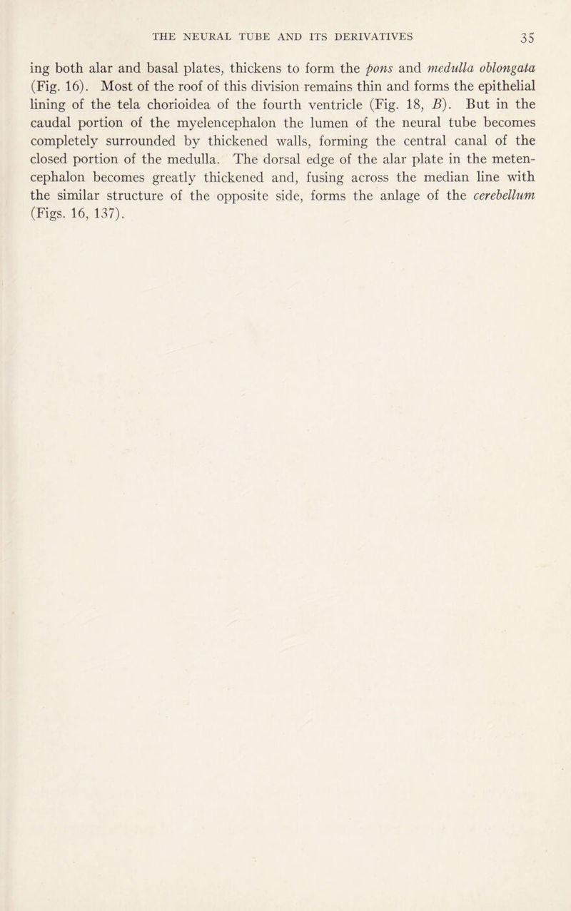 ing both alar and basal plates, thickens to form the pons and medulla oblongata (Fig. 16). Most of the roof of this division remains thin and forms the epithelial lining of the tela chorioidea of the fourth ventricle (Fig. 18, B). But in the caudal portion of the myelencephalon the lumen of the neural tube becomes completely surrounded by thickened walls, forming the central canal of the closed portion of the medulla. The dorsal edge of the alar plate in the meten- cephalon becomes greatly thickened and, fusing across the median line with the similar structure of the opposite side, forms the anlage of the cerebellum (Figs. 16, 137).