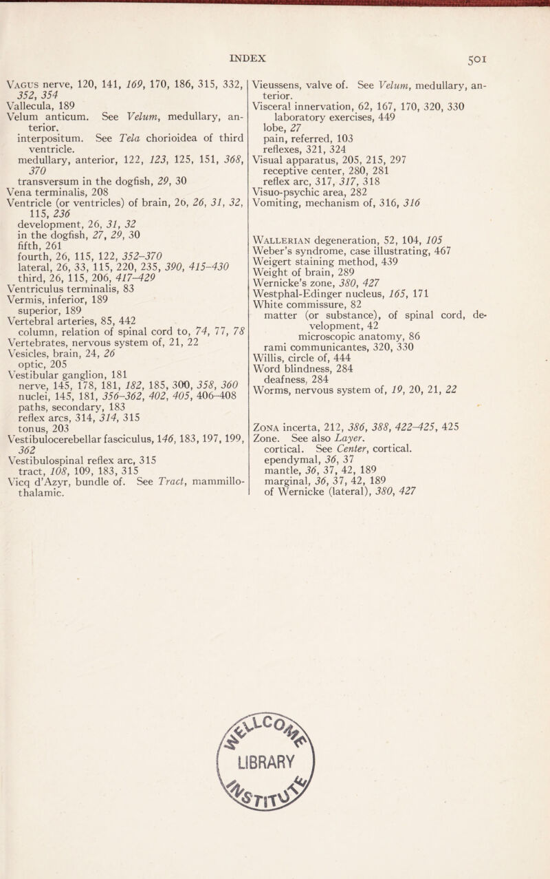 Vagus nerve, 120, 141, 169, 170, 186, 315, 332, 352, 354 Vallecula, 189 Velum anticum. See Velum, medullary, an¬ terior. interpositum. See Tela chorioidea of third ventricle. medullary, anterior, 122, 123, 125, 151, 368, 370 transversum in the dogfish, 29, 30 Vena terminalis, 208 Ventricle (or ventricles) of brain, 20, 26, 31, 32, 115, 236 development, 26, 31, 32 in the dogfish, 27, 29, 30 fifth, 261 fourth, 26, 115, 122, 352-370 lateral, 26, 33, 115, 220, 235, 390, 415-430 third, 26, 115, 206, 417-429 Ventriculus terminalis, 83 Vermis, inferior, 189 superior, 189 Vertebral arteries, 85, 442 column, relation of spinal cord to, 74, 77, 78 Vertebrates, nervous system of, 21, 22 Vesicles, brain, 24, 26 optic, 205 Vestibular ganglion, 181 nerve, 145, 178, 181, 182, 185, 300, 358, 360 nuclei, 145, 181, 356-362, 402, 405, 406-408 paths, secondary, 183 reflex arcs, 314, 314, 315 tonus, 203 Vestibulocerebellar fasciculus, 146, 183, 197, 199, 362 Vestibulospinal reflex arc, 315 tract, 108, 109, 183, 315 Vicq d’Azyr, bundle of. See Tract, mammillo- thalamic. Vieussens, valve of. See Velum, medullary, an¬ terior. Visceral innervation, 62, 167, 170, 320, 330 laboratory exercises, 449 lobe, 27 pain, referred, 103 reflexes, 321, 324 Visual apparatus, 205, 215, 297 receptive center, 280, 281 reflex arc, 317, 317, 318 Visuo-psychic area, 282 Vomiting, mechanism of, 316, 316 Wallerian degeneration, 52, 104, 105 Weber’s syndrome, case illustrating, 467 Weigert staining method, 439 Weight of brain, 289 Wernicke’s zone, 380, 427 Westphal-Edinger nucleus, 165, 171 White commissure, 82 matter (or substance), of spinal cord, de¬ velopment, 42 microscopic anatomy, 86 rami communicantes, 320, 330 Willis, circle of, 444 Word blindness, 284 deafness, 284 Worms, nervous system of, 19, 20, 21, 22 Zona incerta, 212, 386, 388, 422-425, 425 Zone. See also Layer. cortical. See Center, cortical, ependymal, 36, 37 mantle, 36, 37, 42, 189 marginal, 36, 37, 42, 189 of Wernicke (lateral), 380, 427