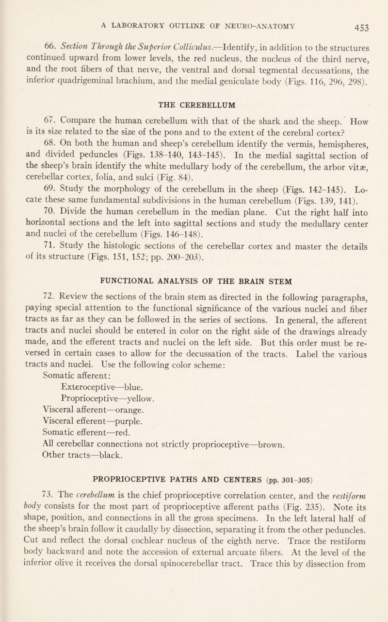 66. Section Through the Superior Colliculus.—Identify, in addition to the structures continued upward from lower levels, the red nucleus, the nucleus of the third nerve, and the root fibers of that nerve, the ventral and dorsal tegmental decussations, the inferior quadrigeminal brachium, and the medial geniculate body (Figs. 116, 296, 298). THE CEREBELLUM 67. Compare the human cerebellum with that of the shark and the sheep. How is its size related to the size of the pons and to the extent of the cerebral cortex? 68. On both the human and sheep’s cerebellum identify the vermis, hemispheres, and divided peduncles (Figs. 138-140, 143-145). In the medial sagittal section of the sheep’s brain identify the white medullary body of the cerebellum, the arbor vitae, cerebellar cortex, folia, and sulci (Fig. 84). 69. Study the morphology of the cerebellum in the sheep (Figs. 142-145). Lo¬ cate these same fundamental subdivisions in the human cerebellum (Figs. 139, 141). 70. Divide the human cerebellum in the median plane. Cut the right half into horizontal sections and the left into sagittal sections and study the medullary center and nuclei of the cerebellum (Figs. 146-148). 71. Study the histologic sections of the cerebellar cortex and master the details of its structure (Figs. 151, 152; pp. 200-203). FUNCTIONAL ANALYSIS OF THE BRAIN STEM 72. Review the sections of the brain stem as directed in the following paragraphs, paying special attention to the functional significance of the various nuclei and fiber tracts as far as they can be followed in the series of sections. In general, the afferent tracts and nuclei should be entered in color on the right side of the drawings already made, and the efferent tracts and nuclei on the left side. But this order must be re¬ versed in certain cases to allow for the decussation of the tracts. Label the various tracts and nuclei. Use the following color scheme: Somatic afferent: Exteroceptive—blue. Proprioceptive—yellow. Visceral afferent—orange. Visceral efferent—purple. Somatic efferent—red. All cerebellar connections not strictly proprioceptive—brown. Other tracts—black. PROPRIOCEPTIVE PATHS AND CENTERS (pp. 301-305) 73. The cerebellum is the chief proprioceptive correlation center, and the restiform body consists for the most part of proprioceptive afferent paths (Fig. 235). Note its shape, position, and connections in all the gross specimens. In the left lateral half of the sheep’s brain follow it caudally by dissection, separating it from the other peduncles. Cut and reflect the dorsal cochlear nucleus of the eighth nerve. Trace the restiform body backward and note the accession of external arcuate fibers. At the level of the inferior olive it receives the dorsal spinocerebellar tract. Trace this by dissection from