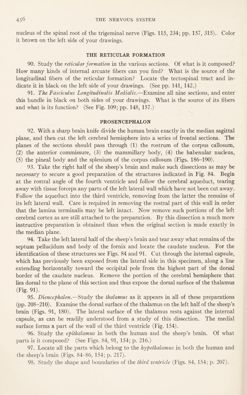 nucleus of the spinal root of the trigeminal nerve (Figs. 115, 234; pp. 157, 315). Color it brown on the left side of your drawings. THE RETICULAR FORMATION 90. Study the reticular formation in the various sections. Of what is it composed? How many kinds of internal arcuate fibers can you find? What is the source of the longitudinal fibers of the reticular formation? Locate the tectospinal tract and in¬ dicate it in black on the left side of your drawings. (See pp. 141, 142.) 91. The Fasciculus Longitudinalis Medialis.—Examine all nine sections, and enter this bundle in black on both sides of your drawings. What is the source of its fibers and what is its function? (See Fig. 109; pp. 148, 157.) PROSENCEPHALON 92. With a sharp brain knife divide the human brain exactly in the median sagittal plane, and then cut the left cerebral hemisphere into a series of frontal sections. The planes of the sections should pass through (1) the rostrum of the corpus callosum, (2) the anterior commissure, (3) the mammillary body, (4) the habenular nucleus, (5) the pineal body and the splenium of the corpus callosum (Figs. 186-190). 93. Take the right half of the sheep’s brain and make such dissections as may be necessary to secure a good preparation of the structures indicated in Fig. 84. Begin at the rostral angle of the fourth ventricle and follow the cerebral aqueduct, tearing away wdth tissue forceps any parts of the left lateral wall which have not been cut away. Follow the aqueduct into the third ventricle, removing from the latter the remains of its left lateral wall. Care is required in removing the rostral part of this wall in order that the lamina terminalis may be left intact. Now remove such portions of the left cerebral cortex as are still attached to the preparation. By this dissection a much more instructive preparation is obtained than when the original section is made exactly in the median plane. 94. Take the left lateral half of the sheep’s brain and tear away what remains of the septum pellucidum and body of the fornix and locate the caudate nucleus. For the identification of these structures see Figs. 84 and 91. Cut through the internal capsule, which has previously been exposed from the lateral side in this specimen, along a line extending horizontally toward the occipital pole from the highest part of the dorsal border of the caudate nucleus. Remove the portion of the cerebral hemisphere that lies dorsal to the plane of this section and thus expose the dorsal surface of the thalamus (Fig. 91). 95. Diencephalon.—Study the thalamus as it appears in all of these preparations (pp. 208-210). Examine the dorsal surface of the thalamus on the left half of the sheep’s brain (Figs. 91, 180). The lateral surface of the thalamus rests against the internal capsule, as can be readily understood from a study of this dissection. The medial surface forms a part of the wall of the third ventricle (Fig. 154). 96. Study the epithalamus in both the human and the sheep’s brain. Of what parts is it composed? (See Figs. 84, 91, 154; p. 216.) 97. Locate all the parts which belong to the hypothalamus in both the human and the sheep’s brain (Figs. 84-86, 154; p. 217). 98. Study the shape and boundaries of the third ventricle (Figs. 84, 154; p. 207).