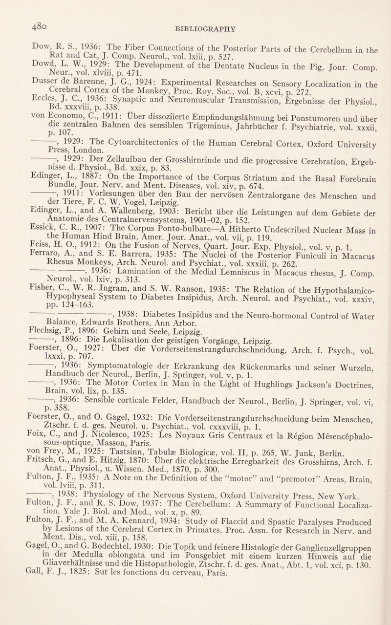 Dow R. S. 1936: The Fiber Connections of the Posterior Parts of the Cerebellum in the Rat and Cat, J. Comp. Neurol., vol. lxiii, p. 527. Dowd L. W., 1929: The Development of the Dentate Nucleus in the Pig, Tour Comp Neur., vol. xlviii, p. 471. Dusser de Barenne, J. G., 1924: Experimental Researches on Sensory Localization in the Cerebral Cortex of the Monkey, Proc. Roy. Soc., vol. B, xcvi, p. 272. Eccles J. C., 1936: Synaptic and Neuromuscular Transmission, Ergebnisse der Phvsiol Bd. xxxvni, p. 338. ” von Economo, C., 1911: Eber dissoziierte Empfindungslahmung bei Ponstumoren und fiber die zentraien Bahnen des sensiblen Trigeminus, Jahrbficher f. Psychiatrie, vol. xxxii p. 107. , 1929: The Cytoarchitectonics of the Human Cerebral Cortex, Oxford Universitv Press, London. , 1929: Der Zellaufbau der Grosshirnrinde und die progressive Cerebration Ergeb¬ nisse d. Physiol., Bd. xxix, p. 83. Edinger, L., 1887: On the Importance of the Corpus Striatum and the Basal Forebrain Bundle, Jour. Nerv. and Ment. Diseases, vol. xiv, p. 674. —“» 19H: Vorlesungen iiber den Ban der nervosen Zentralorgane des Menschen und der Tiere, F. C. W. Vogel, Leipzig. Edingei, L., and A. Wallenberg, 1903: Bericht iiber die Leistungen auf dem Gebiete der Anatomic des Centralnervensystems, 1901-02, p. 152. Essick, C. R., 1907: The Corpus Ponto-bulbare—A Hitherto Undescribed Nuclear Mass in the Human Hind Brain, Amer. Jour. Anat., vol. vii, p. 119. Feiss, H. O., 1912: On the Fusion of Nerves, Quart. Jour. Exp. Physiol., vol. v, p. 1. Ferraro, A., and S. E. Barrera, 1935: The Nuclei of the Posterior Funiculi in Macacus Rhesus Monkeys, Arch. Neurol, and Psychiat., vol. xxxiii, p. 262. > 1936: Lamination of the Medial Lemniscus in Macacus rhesus, T. Could Neurol., vol. lxiv, p. 313. Fisher, C., W. R. Ingram, and S. W. Ranson, 1935: The Relation of the Hypothalamico- Hypophyseal System to Diabetes Insipidus, Arch. Neurol, and Psychiat., vol xxxiv pp. 124-163. > 1938: Diabetes Insipidus and the Neuro-hormonal Control of Water Balance, Edwards Brothers, Ann Arbor. Flechsig, P., 1896: Gehirn und Seele, Leipzig. > 1896: Die Localisation der geistigen Vorgange, Leipzig. Foerster, O., 1927: Eber die Vorderseitenstrangdurchschneidung, Arch. f. Psych., vol. lxxxi, p. 707. j 1936: Symptomatologie der Erkrankung des Riickenmarks und seiner Wurzeln Handbuch der Neurol., Berlin, J. Springer, vol. v, p. 1. > 1936: Ihe Motor Cortex in Man in the Light of Hughlings Jackson’s Doctrines Brain, vol. lix, p. 135. -> 1936: Sensible corticale Felder, Handbuch der Neurol., Berlin, J. Springer, vol. vi p. 358. Foerster, O., and O. Gagel, 1932: Die Vorderseitenstrangdurchschneidung beim Menschen, Ztschr. f. d. ges. Neurol, u. Psychiat., vol. cxxxviii, p. 1. Foix, C., and J. Nicolesco, 1925: Les Noyaux Gris Centraux et la Region Mesencephalo- sous-optique, Masson, Paris. von Frey, M., 1925: Tastsinn, Tabulae Biological, vol. II, p. 265, W. Junk, Berlin. Fritsch, G., and E. Hitzig, 1870: Uber die elektrische Erregbarkeit des Grosshirns, Arch. f. Anat., Physiol., u. Wissen. Med., 1870, p. 300. Fulton, J. F., 1935: A Note on the Definition of the “motor” and “premotor” Areas Brain vol. lviii, p. 311. —--, 1938: Physiology of the Nervous System, Oxford University Press, New York. Fulton, J. F., and R. S. Dow, 1937: The Cerebellum: A Summary of Functional Localiza¬ tion, Yale J. Biol, and Med., vol. x, p. 89. Fulton, J. F., and M. A. Kennard, 1934: Study of Flaccid and Spastic Paralyses Produced by Lesions of the Cerebral Cortex in Primates, Proc. Assn, for Research in Nerv. and Ment. Dis., vol. xiii, p. 158. Gagel, O., and G. Bodechtel, 1930: Die Topik und feinere Histologie der Ganglienzellgruppen in.der Medulla oblongata und im Ponsgebiet mit einem kurzen Hinweis auf die Ghaverhaltnisse und die Histopathologie, Ztschr. f. d. ges. Anat., Abt. 1, vol. xci, p. 130. Gall, F. J., 1825: Sur les fonctions du cerveau, Paris.
