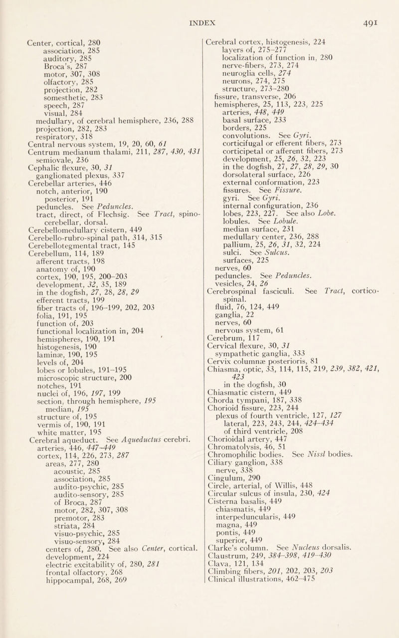 Center, cortical, 280 association, 285 auditory, 285 Broca’s, 287 motor, 307, 308 olfactory, 285 projection, 282 somesthetic, 283 speech, 287 visual, 284 medullary, of cerebral hemisphere, 236, 288 projection, 282, 283 respiratory, 318 Central nervous system, 19, 20, 60, 61 Centrum medianum thalami, 211, 287, 430, 431 semiovale, 236 Cephalic flexure, 30, 31 ganglionated plexus, 337 Cerebellar arteries, 446 notch, anterior, 190 posterior, 191 peduncles. See Peduncles. tract, direct, of Flechsig. See Tract, spino¬ cerebellar, dorsal. Cerebellomedullary cistern, 449 Cerebello-rubro-spinal path, 314, 315 Cerebellotegmental tract, 145 Cerebellum, 114, 189 afferent tracts, 198 anatomy of, 190 cortex, 190, 195, 200-203 development, 32, 35, 189 in the dogfish, 27, 28, 28, 29 efferent tracts, 199 fiber tracts of, 196-199, 202, 203 folia, 191, 195 function of, 203 functional localization in, 204 hemispheres, 190, 191 histogenesis, 190 laminae, 190, 195 levels of, 204 lobes or lobules, 191-195 microscopic structure, 200 notches, 191 nuclei of, 196, 197, 199 section, through hemisphere, 195 median, 195 structure of, 195 vermis of, 190, 191 white matter, 195 Cerebral aqueduct. See Aqueductus cerebri, arteries, 446, 447-449 cortex, 114, 226, 273, 287 areas, 277, 280 acoustic, 285 association, 285 audito-psychic, 285 audito-sensory, 285 of Broca, 287 motor, 282, 307, 308 premotor, 283 striata, 284 visuo-psychic, 285 visuo-sensory, 284 centers of, 280. See also Center, cortical. development, 224 electric excitability of, 280, 281 frontal olfactory, 268 hippocampal, 268, 269 Cerebral cortex, histogenesis, 224 layers of, 275-277 localization of function in, 280 nerve-fibers, 273, 274 neuroglia cells, 274 neurons, 274, 275 structure, 273-280 fissure, transverse, 206 hemispheres, 25, 113, 223, 225 arteries, 448, 449 basal surface, 233 borders, 225 convolutions. See Gyri. corticifugal or efferent fibers, 273 corticipetal or afferent fibers, 273 development, 25, 26, 32, 223 in the dogfish, 27, 27, 28, 29, 30 dorsolateral surface, 226 external conformation, 223 fissures. See Fissure. gyri. See Gyri. internal configuration, 236 lobes, 223, 227. See also Lobe. lobules. See Lobule. median surface, 231 medullary center, 236, 288 pallium, 25, 26, 31, 32, 224 sulci. See Sulcus. surfaces, 225 nerves, 60 peduncles. See Peduncles. vesicles, 24, 26 Cerebrospinal fasciculi. See Tract, cortico¬ spinal. fluid, 76, 124, 449 ganglia, 22 nerves, 60 nervous system, 61 Cerebrum, 117 Cervical flexure, 30, 31 sympathetic ganglia, 333 Cervix columnae posterioris, 81 Chiasma, optic, 33, 114, 115, 219, 239, 382, 421, 423 in the dogfish, 30 Chiasmatic cistern, 449 Chorda tympani, 187, 338 Chorioid fissure, 223, 244 plexus of fourth ventricle, 127, 127 lateral, 223, 243, 244, 424-434 of third ventricle, 208 Chorioidal artery, 447 Chromatolysis, 46, 51 Chromophilic bodies. See Nissl bodies. Ciliary ganglion, 338 nerve, 338 Cingulum, 290 Circle, arterial, of Willis, 448 Circular sulcus of insula, 230, 424 Cisterna basalis, 449 chiasmatis, 449 interpeduncularis, 449 magna, 449 pontis, 449 superior, 449 Clarke’s column. See Nucleus dorsalis. Claustrum, 249, 384-398, 419-430 Clava, 121, 134 Climbing fibers, 201, 202, 203, 203 Clinical illustrations, 462-475
