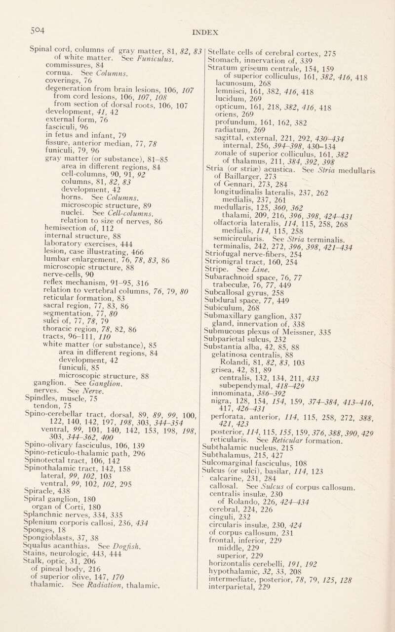 Spinal cord, columns of gray matter, 81, 82, 83 of white matter. See Funiculus. commissures, 84 cornua. See Columns. coverings, 76 degeneration from brain lesions, 106, 107 from cord lesions, 106, 107, 108 from section of dorsal roots, 106, 107 development, 41, 42 external form, 76 fasciculi, 96 in fetus and infant, 79 fissure, anterior median, 77, 78 funiculi, 79, 96 gray matter (or substance), 81-85 area in different regions, 84 cell-columns, 90, 91, 92 columns, 81, 82, 83 development, 42 horns. See Columns. microscopic structure, 89 nuclei. See Cell-columns. relation to size of nerves, 86 hemisection of, 112 internal structure, 88 laboratory exercises, 444 lesion, case illustrating, 466 lumbar enlargement, 76, 78, 83, 86 microscopic structure, 88 nerve-cells, 90 reflex mechanism, 91-95, 316 relation to vertebral columns, 76, 79, 80 reticular formation, 83 sacral region, 77, 83, 86 segmentation, 77, 80 sulci of, 77, 78, 79 thoracic region, 78, 82, 86 tracts, 96-111, 110 white matter (or substance), 85 area in different regions, 84 development, 42 funiculi, 85 microscopic structure, 88 ganglion. See Ganglion. nerves. See Nerve. Spindles, muscle, 75 tendon, 75 Spino-cerebellar tract, dorsal, 89, 89, 99, 100 122, 140, 142, 197, 198, 303, 344-354 ventral, 99, 101, 140, 142, 153, 198, 198, 303, 344-362, 400 Spino-olivary fasciculus, 106, 139 Spino-reticulo-thalamic path, 296 Spinotectal tract, 106, 142 Spinothalamic tract, 142, 158 lateral, 99, 102, 103 ventral, 99, 102, 102, 295 Spiracle, 438 Spiral ganglion, 180 organ of Corti, 180 Splanchnic nerves, 334, 335 Splenium corporis callosi, 236, 434 Sponges, 18 Spongioblasts, 37, 38 Squalus acanthias. See Dogfish. Stains, neurologic, 443, 444 Stalk, optic, 31, 206 of pineal body, 216 of superior olive, 147, 170 thalamic. See Radiation, thalamic. Stellate cells of cerebral cortex, 275 Stomach, innervation of, 339 Stratum griseum centrale, 154, 159 of superior colliculus, 161, 382, 416, 418 lacunosum, 268 lemnisci, 161, 382, 416, 418 lucidum, 269 opticum, 161, 218, 382, 416, 418 oriens, 269 profundum, 161, 162, 382 radiatum, 269 sagittal, external, 221, 292, 430-434 internal, 256, 394-398, 430-134 zonale of superior colliculus, 161, 382 of thalamus, 211, 384, 392, 398 Stria (or striae) acustica. See Stria medullar is. of Baillarger, 273 of Gennari, 273, 284 longitudinalis lateralis, 237, 262 medialis, 237, 261 medullaris, 125, 360, 362 thalami, 209, 216, 396, 398, 424-431 olfactoria lateralis, 114, 115, 258, 268 medialis, 114, 115, 258 semicircularis. See Stria terminalis. terminalis, 242, 272, 396, 398, 421-434 Striofugal nerve-fibers, 254 Strionigral tract, 160, 254 Stripe. See Line. Subarachnoid space, 76, 77 trabeculae, 76, 77, 449 Subcallosal gyrus, 258 Subdural space, 77, 449 Subiculum, 268 Submaxillary ganglion, 337 gland, innervation of, 338 Submucous plexus of Meissner, 335 Subparietal sulcus, 232 Substantia alba, 42, 85, 88 gelatinosa centralis, 88 Rolandi, 81, 82, 83, 103 grisea, 42, 81, 89 centralis, 132, 134, 211, 433 subependymal, 418-429 innominata, 386-392 nigra, 128, 154, 154, 159, 374-384, 413-416, 417, 426-431 perforata, anterior, 114, 115, 258, 272, 388 421, 423 posterior, 114, 115, 155, 159, 376, 388, 390, 429 reticularis. See Reticular formation. Subthalamic nucleus, 215 Subthalamus, 215, 427 Sulcomarginal fasciculus, 108 Sulcus (or sulci), basilar, 114, 123 calcarine, 231, 284 callosal. See Sulcus of corpus callosum, centralis insulae, 230 of Rolando, 226, 424-434 cerebral, 224, 226 cinguli, 232 circularis insulae, 230, 424 of corpus callosum, 231 frontal, inferior, 229 middle, 229 superior, 229 horizontalis cerebelli, 191, 192 hypothalamic, 32, 33, 208 intermediate, posterior, 78, 79, 125, 128 interparietal, 229
