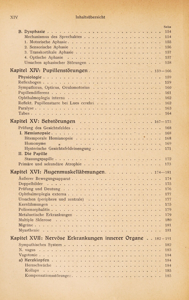 >y. ; ;:i . Seite B. Dyspbasie. 154 Mechanismus des Sprechaktes. 154 1. Motorische Aphasie. 155 2. Sensorische Aphasie.156 3. Transkortikale Aphasie.157 4. Optische Aphasie ..157 Ursachen aphasischer Störungen. 158 Kapitel XIV: Pupillenstörungen. .. 159-166 Physiologie. 159 Reflexbogen.159 Sympathicus, Opticus, Oculomotorius . . . ..160 Pupillendifferenz.161 Ophthalmoplegia interna. 162 Reflekt. Pupillenstarre bei Lues cerebn.162 Paralyse.163 Tabes.. „.164 Kapitel XV: Sehstörungen.\.167—173 Prüfung des Gesichtsfeldes. 168 I. Hemianopsie..•.. 168 Bitemporale Hemianopsie ... 168 Homonyme „ .169 Hysterische Gesichtsfeldeinengung.171 II. Die Papille Stauungspapille.172 Primäre und sekundäre Atrophie .. 173 Kapitel XVI: flugenmuskellähmungen Äußerer Bewegungsapparat .. Doppelbilder. Prüfung und Deutung. Ophthalmoplegia externa ......... Ursachen (periphere und zentrale) .... Kernlähmungen . .. Polioenzephalitis. Metaluetische Erkrankungen. Multiple Sklerose. Migräne. Myasthenie.. 174—181 . . 174 . . 175 . . 176 . . 177 . . 177 . . 175 . . 179 . . 179 . . 180 . . 181 . . 181 Kapitel XVII: Nervöse Erkrankungen innerer Organe . . 182-191 Sympathisches System.182 N. vagus. 183 Vagotonie.184 a) Herzklopfen. 184 Herzschwäche.184 Kollaps. 185 Kompensationsstörungen. 185