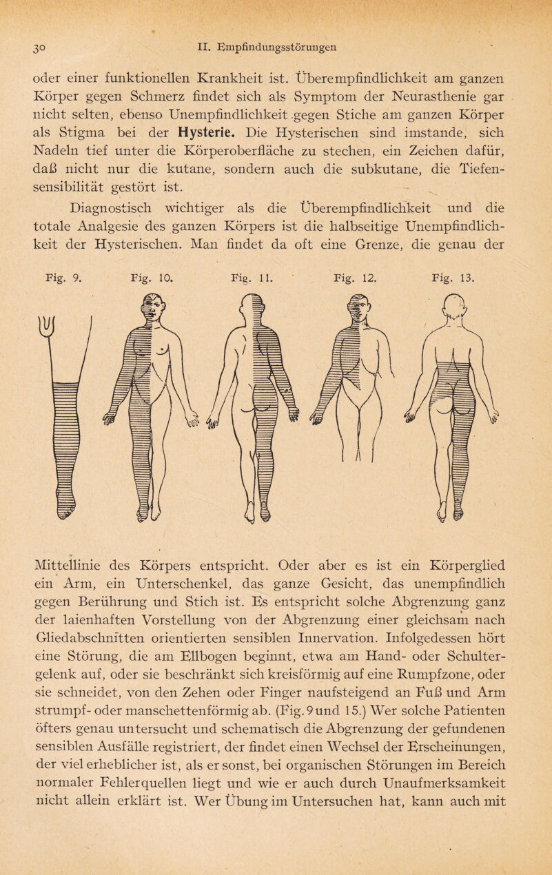 oder einer funktionellen Krankheit ist. Überempfindlichkeit am ganzen Körper gegen Schmerz findet sich als Symptom der Neurasthenie gar nicht selten, ebenso Unempfindlichkeit gegen Stiche am ganzen Körper als Stigma bei der Hysterie. Die Hysterischen sind imstande, sich Nadeln tief unter die Körperoberfläche zu stechen, ein Zeichen dafür, daß nicht nur die kutane, sondern auch die subkutane, die Tiefen¬ sensibilität gestört ist. Diagnostisch wichtiger als die Überempfindlichkeit und die totale Analgesie des ganzen Körpers ist die halbseitige Unempfindlich¬ keit der Hysterischen. Man findet da oft eine Grenze, die genau der Fig. 9. Fig. 10. Fig. 11. Fig. 12. Fig. 13. Mittellinie des Körpers entspricht. Oder aber es ist ein Körperglied ein Arm, ein Unterschenkel, das ganze Gesicht, das unempfindlich gegen Berührung und Stich ist. Es entspricht solche Abgrenzung ganz ♦ der laienhaften Vorstellung von der Abgrenzung einer gleichsam nach Gliedabschni'tten orientierten sensiblen Innervation. Infolgedessen hört eine Störung, die am Ellbogen beginnt, etwa am Hand- oder Schulter¬ gelenk auf, oder sie beschränkt sich kreisförmig auf eine Rumpfzone, oder sie schneidet, von den Zehen oder Finger naufsteigend an Fuß und Arm Strumpf- oder manschettenförmig ab. (Fig. 9 und 15.) Wer solche Patienten öfters genau untersucht und schematisch die Abgrenzung der gefundenen sensiblen Ausfälle registriert, der findet einen Wechsel der Erscheinungen, der viel erheblicher ist, als er sonst, bei organischen Störungen im Bereich normaler Fehlerquellen liegt und wie er auch durch Unaufmerksamkeit nicht allein erklärt ist. Wer Übung im Untersuchen hat, kann auch mit