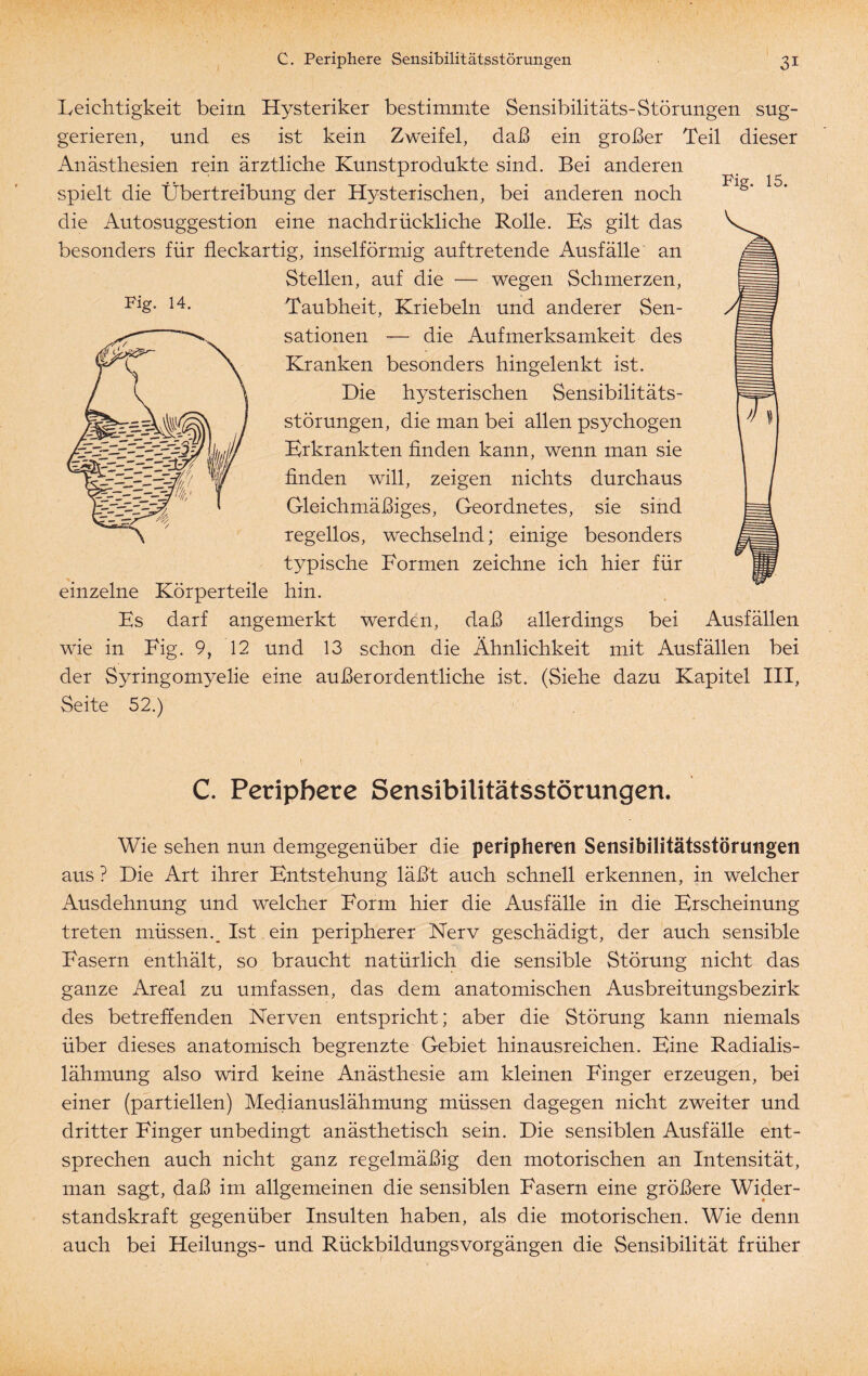 Leichtigkeit beim Hysteriker bestimmte Sensibilitäts-Störungen sug¬ gerieren, und es ist kein Zweifel, daß ein großer Teil dieser Anästhesien rein ärztliche Kunstprodukte sind. Bei anderen r. ^ j j-» spielt die Übertreibung der Hysterischen, bei anderen noch die Autosuggestion eine nachdrückliche Rolle. Es gilt das besonders für fleckartig, inselförmig auftretende Ausfälle an Stellen, auf die — wegen Schmerzen, Taubheit, Knebeln und anderer Sen¬ sationen — die Aufmerksamkeit des Kranken besonders hingelenkt ist. Die hysterischen Sensibilitäts¬ störungen, die man bei allen psychogen Erkrankten finden kann, wenn man sie finden will, zeigen nichts durchaus Gleichmäßiges, Geordnetes, sie sind regellos, wechselnd; einige besonders typische Formen zeichne ich hier für einzelne Körperteile hin. Ks darf angemerkt werden, daß allerdings bei Ausfällen wie in Fig. 9, 12 und 13 schon die Ähnlichkeit mit Ausfällen bei der Syringomyelie eine außerordentliche ist. (Siehe dazu Kapitel III, Seite 52.) V C. Periphere Sensibilitätsstörungen. Wie sehen nun demgegenüber die peripheren Sensibilitätsstörungen aus ? Die Art ihrer Kntstehung läßt auch schnell erkennen, in welcher Ausdehnung und welcher Form hier die Ausfälle in die Erscheinung treten müssen._ Ist ein peripherer Nerv geschädigt, der auch sensible Fasern enthält, so braucht natürlich die sensible Störung nicht das ganze Areal zu umfassen, das dem anatomischen Ausbreitungsbezirk des betreffenden Nerven entspricht; aber die Störung kann niemals über dieses anatomisch begrenzte Gebiet hinausreichen. Eine Radialis- lähmung also wird keine Anästhesie am kleinen Finger erzeugen, bei einer (partiellen) Medianuslähmung müssen dagegen nicht zweiter und dritter Finger unbedingt anästhetisch sein. Die sensiblen Ausfälle ent¬ sprechen auch nicht ganz regelmäßig den motorischen an Intensität, man sagt, daß im allgemeinen die sensiblen Fasern eine größere Wider¬ standskraft gegenüber Insulten haben, als die motorischen. Wie denn auch bei Heilungs- und Rückbildungsvorgängen die Sensibilität früher Fig. 14.