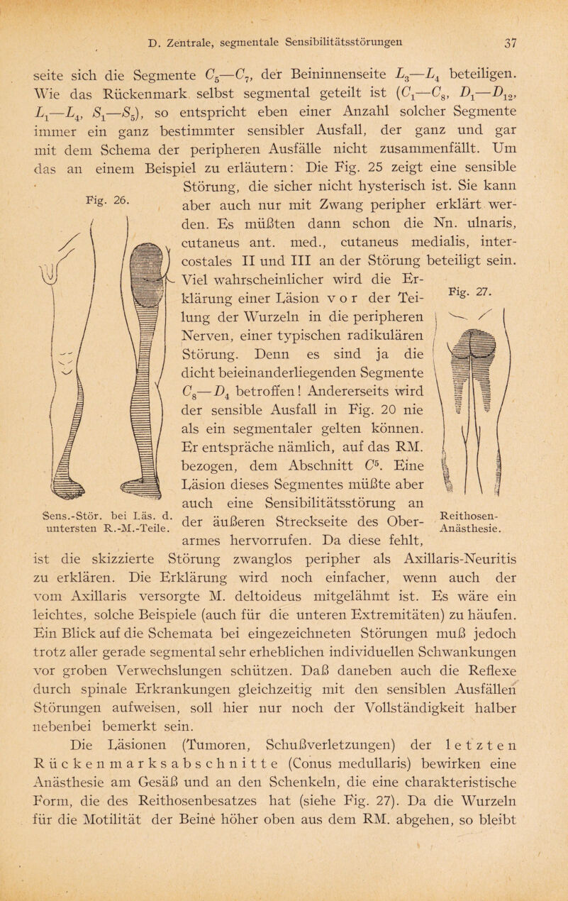 Fig. 26. Seite sich die Segmente C5—C7, der Beininnenseite L3—£4 beteiligen. Wie das Rückenmark selbst segmental geteilt ist (C^—C8, D1—D12, Lx—Z4, /S4—S5), so entspricht eben einer Anzahl solcher Segmente immer ein ganz bestimmter sensibler Ausfall, der ganz und gar mit dem Schema der peripheren Ausfälle nicht zusammenfällt. Um das an einem Beispiel zu erläutern: Die Fig. 25 zeigt eine sensible Störung, die sicher nicht hysterisch ist. Sie kann aber auch nur mit Zwang peripher erklärt wer¬ den. Bs müßten dann schon die Nn. ulnaris, cutaneus ant. med., cutaneus medialis, inter- costales II und III an der Störung beteiligt sein. Viel wahrscheinlicher wird die Er¬ klärung einer Uäsion vor der Tei¬ lung der Wurzeln in die peripheren Nerven, einer typischen radikulären Störung. Denn es sind ja die dicht beieinanderliegenden Segmente Fig. 27. Sens.-Stör, bei Läs. d. untersten R.-M.-Teile. 08—Z)4 betroffen! Andererseits wird der sensible Ausfall in Fig. 20 nie als ein segmentaler gelten können. Br entspräche nämlich, auf das RM. bezogen, dem Abschnitt C5. Eine Läsion dieses Segmentes müßte aber auch eine Sensibilitätsstörung an der äußeren Streckseite des Ober¬ armes hervorrufen. Da diese fehlt, Reithosen- Anästhesie. ist die skizzierte Störung zwanglos peripher als Axillaris-Neuritis zu erklären. Die Erklärung wird noch einfacher, wenn auch der vom Axillaris versorgte M. deltoideus mitgelähmt ist. Es wäre ein leichtes, solche Beispiele (auch für die unteren Extremitäten) zu häufen. Ein Blick auf die Schemata bei eingezeichneten Störungen muß jedoch trotz aller gerade segmental sehr erheblichen individuellen Schwankungen vor groben Verwechslungen schützen. Daß daneben auch die Reflexe durch spinale Erkrankungen gleichzeitig mit den sensiblen Ausfällen Störungen auf weisen, soll hier nur noch der Vollständigkeit halber nebenbei bemerkt sein. Die Läsionen (Tumoren, Schuß Verletzungen) der letzten Rückenmarksabschnitte (Conus medullaris) bewirken eine Anästhesie am Gesäß und an den Schenkeln, die eine charakteristische Form, die des Reithosenbesatzes hat (siehe Fig. 27). Da die Wurzeln für die Motilität der Beine höher oben aus dem RM. abgehen, so bleibt