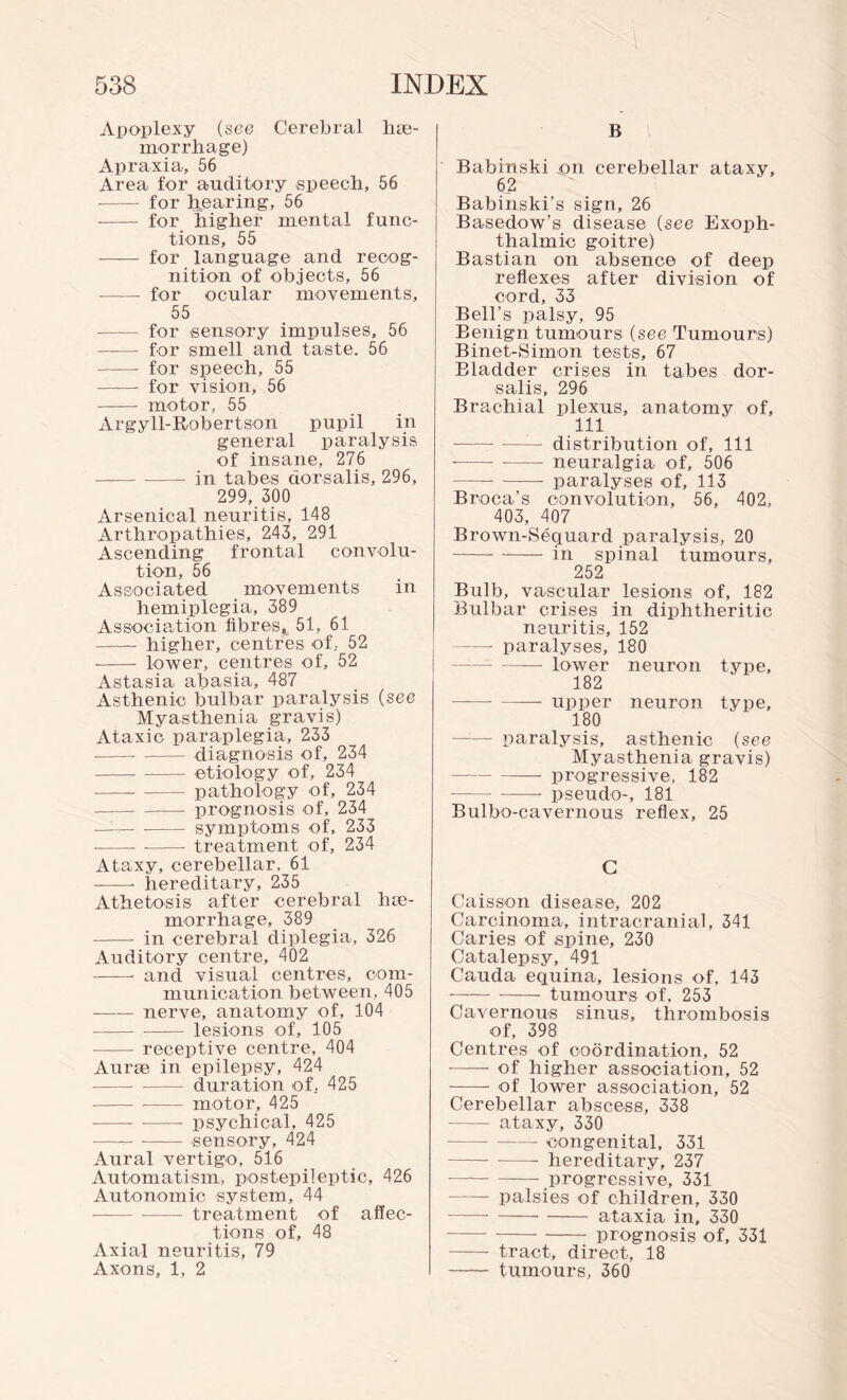 Apoplexy (see Cerebral hae¬ morrhage) Apraxia, 56 Area for auditory speech, 56 •-- for hearing, 56 -- for higher mental func¬ tions, 55 - for language and recog¬ nition of objects, 56 - for ocular movements, 55 -- for sensory impulses, 56 - for smell and taste. 56 - for speech, 55 -- for vision, 56 - motor, 55 Argyll-Robertson pupil in general paralysis of insane, 276 --in tabes dorsalis, 296, 299, 300 Arsenical neuritis, 148 Arthropathies, 243, 291 Ascending frontal convolu¬ tion, 56 Associated movements in hemiplegia, 389 Association fibres, 51, 61 - higher, centres of, 52 --- lower, centres of, 52 Astasia abasia, 487 Asthenic bulbar paralysis (see Myasthenia gravis) Ataxic paraplegia, 233 --- diagnosis of, 234 -etiology of, 234 - - pathology of, 234 -prognosis of, 234 —-symptoms of, 233 --- -- treatment of, 234 Ataxy, cerebellar. 61 -—- hereditary, 235 Athetosis after cerebral hae¬ morrhage, 389 -- in cerebral diplegia, 326 Auditory centre, 402 —— and visual centres, com¬ munication between. 405 -nerve, anatomy of, 104 ---- lesions of, 105 — receptive centre, 404 Aurae in epilepsy, 424 ---duration of, 425 - -- motor, 425 -- - psychical, 425 -v-- sensory, 424 Aural vertigo, 516 Automatism, postepileptic, 426 Autonomic system, 44 -treatment of affec¬ tions of, 48 Axial neuritis, 79 Axons, 1, 2 B Babinski on cerebellar ataxy, 62 Babinski’s sign, 26 Basedow’s disease (see Exoph¬ thalmic goitre) Bastian on absence of deep reflexes after division of cord, 33 Bell’s palsy, 95 Benign tumours (see Tumours) Binet-Simon tests, 67 Bladder crises in tabes dor¬ salis, 296 Brachial plexus, anatomy of, ' 111 — distribution of, 111 --- —— neuralgia of, 506 -- - paralyses of, 113 Broca’s convolution, 56, 402, 403, 407 Brown-Sequard paralysis, 20 -in spinal tumours, 252 Bulb, vascular lesions of, 182 Bulbar crises in diphtheritic neuritis, 152 -paralyses, 180 -lower neuron type, 182 —-— upper neuron type, 180 —— paralysis, asthenic (see Myasthenia gravis) -progressive, 182 -pseudo-, 181 Bulbo-cavernous reflex, 25 G Caisson disease, 202 Carcinoma, intracranial, 341 Caries of spine, 230 Catalepsy, 491 Cauda equina, lesions of, 143 -tumours of, 253 Cavernous sinus, thrombosis of, 398 Centres of coordination, 52 - of higher association, 52 -of lower association, 52 Cerebellar abscess, 338 - ataxy, 330 - congenital, 331 -hereditary, 237 - - progressive, 331 - palsies of children, 330 -ataxia in, 330 -prognosis of, 331 - tract, direct, 18 - tumours, 360