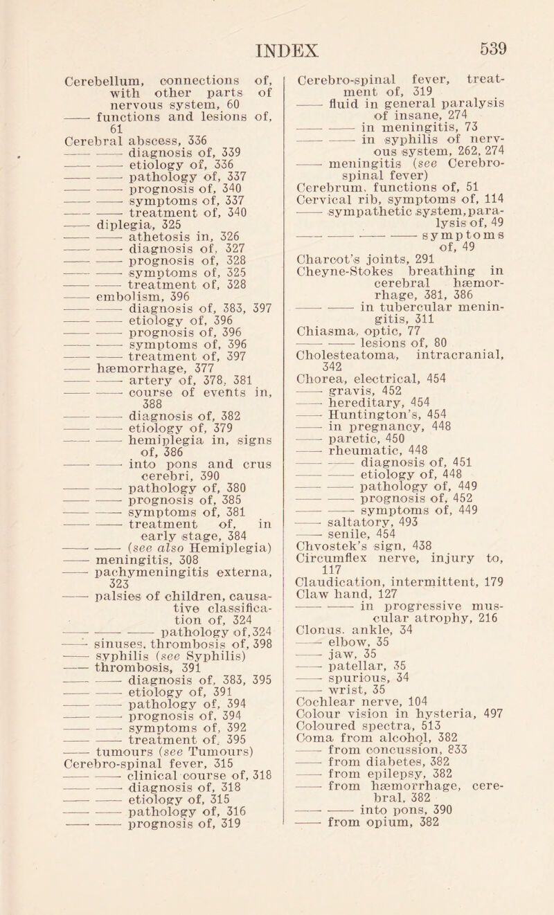 Cerebellum, connections of, with other parts of nervous system, 60 —— functions and lesions of, 61 Cerebral abscess, 336 -diagnosis of, 339 ---- etiology of, 336 ---- pathology of, 337 -- prognosis of, 340 -- -- symptoms of, 337 -treatment of, 340 —— diplegia, 325 - -- athetosis in, 326 -- diagnosis of, 327 -- prognosis of, 328 -- symptoms of, 325 -treatment of, 328 - embolism, 396 -- - diagnosis of, 383, 397 -- - etiology of, 396 -- -- prognosis of, 396 ---- symptoms of, 396 -- --- treatment of, 397 - haemorrhage, 377 ---- artery of, 378, 381 -- course of events in, 388 ---- diagnosis of, 382 -- etiology of, 379 --- hemiplegia in, signs of, 386 -- -- into pons and crus cerebri, 390 -pathology of, 380 -prognosis of, 385 -- symptoms of, 381 -treatment of, in early stage, 384 --- (see also Hemiplegia) -- meningitis, 308 -- pachymeningitis externa, 323 -palsies of children, causa¬ tive classifica¬ tion of, 324 -- --- -—— pathology of, 324 -- sinuses, thrombosis of, 398 •-- syphilis (see Syphilis) -thrombosis, 391 - diagnosis of, 383, 395 -etiology of, 391 -pathology of, 394 ---- prognosis of, 394 -- symptoms of, 392 -treatment of, 395 -tumours (see Tumours) Cerebro-spinal fever, 315 —- clinical course of, 318 -- -diagnosis of, 318 ---- etiology of, 315 -- -- pathology of, 316 --- prognosis of, 319 Cerebro-spinal fever, treat¬ ment of, 319 - fluid in general paralysis of insane, 274 -- in meningitis, 73 -- in syphilis of nerv¬ ous system, 262, 274 - meningitis (see Cerebro¬ spinal fever) Cerebrum, functions of, 51 Cervical rib, symptoms of, 114 -- sympathetic system,para¬ lysis of, 49 ---symptom s of, 49 Charcot’s joints, 291 Cheyne-Stokes breathing in cerebral haemor¬ rhage, 381, 386 —- -—— in tubercular menin¬ gitis, 311 Chiasma, optic, 77 -— lesions of, 80 Cholesteatoma, intracranial, 342 Chorea, electrical, 454 - gravis, 452 -- hereditary, 454 - Huntington’s, 454 -- in pregnancy, 448 -- paretic, 450 -- rheumatic, 448 -diagnosis of, 451 -- etiology of, 448 — pathology of, 449 -- prognosis of, 452 -- symptoms of, 449 -- saltatory, 493 - senile, 454 Chvostek’s sign, 438 Circumflex nerve, injury to, 117 Claudication, intermittent, 179 Claw hand, 127 ---- in progressive mus¬ cular atrophy, 216 Clonus, ankle, 34 -- elbow, 35 -- jaw, 35 -patellar, 35 - spurious, 34 - wrist, 35 Cochlear nerve, 104 Colour vision in hysteria, 497 Coloured spectra, 513 Coma from alcohol, 382 — from concussion, 833 -- from diabetes, 382 - from epilepsy, 382 - from haemorrhage, cere¬ bral, 382 -into pons, 390 - from opium, 382