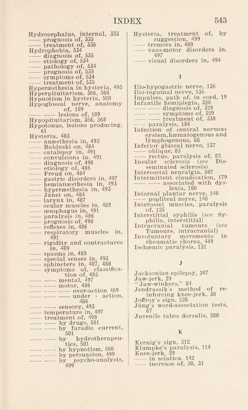 Hydrocephalus, internal, 333 -prognosis of, 335 - treatment of, 335 Hydrophobia, 534 --- diagnosis of, 535 - etiology of, 534 - pathology of, 534 - prognosis of, 535 - symptoms of, 534 ——- treatment of, 535 Hyperaesthesia in hysteria, 493 Hyperpituitarism, 366, 368 Hypnotism in hysteria, 500 Hypoglossal nerve, anatomy of, 109 -- - lesions of, 109 Hypopituitarism, 366, 368 Hypotonus, lesions producing, 61 Hysteria, 483 -anaesthesia in, 493 -Babinski on, 484 - catalepsy in, 491 -- convulsions in, 491 -diagnosis of, 498 -- etiology of, 485 -- Freud on, 484 -- gastric disorders in, 497 -- hemianaesthesia in, 493 -- hypersesthesia in, 493 - Janet on, 484 - larynx in, 487 - ocular muscles in. 489 - oesophagus in, 491 - paralysis in, 486 - prognosis of. 498 - reflexes in, 486 -- respiratory muscles in, 491 -rigidity and contractures in, 489 -- spasms in, 489 -- special senses in, 493 - sphincters in, 487, 488 -- symptoms of, classifica¬ tion of, 485 --- mental, 497 ---motor, 486 -over-action 489 --under - action, 486 ----sensory, 493 -- temperature in, 497 - treatment of, 498 ---- by drugs, 501 -by faradic current, 501 - - by hydrotherapeu¬ tics, 501 -- -by hypnotism, 500 -by persuasion, 499 > ----by psycho-analysis, ‘499 Hysteria, treatment of, by suggestion, 499 - tremors in, 489 —- vaso-motor disorders in, 497 —— visual disorders in, 494 I Ilio-hypogastric nerve, 136 Ilio-inguinal nerve, 136 Impulses, path of, in cord, 19 Infantile hemiplegia, 328 ---- diagnosis of, 329 -- symptoms of, 329 -- treatment of, 330 -paralysis, 184 Infection of central nervous system, haematogenous and lymphogenous, 68 Inferior gluteal nerve, 137 -- oblique, 83 --- rectus, paralysis of, 83 Insular sclerosis (see Dis¬ seminated sclerosis) Intercostal neuralgia, 507 Intermittent claudication, 179 --- associated with dys¬ lexia, 180 Internal plantar nerve, 140 -- popliteal nerve, 140 Interossei muscles, paralysis of, 125 Interstitial syphilis (see Sy¬ philis, interstitial) Intracranial tumours (see Tumours, intracranial) Involuntary movements in rheumatic chorea, 449 Ischaemic paralysis, 131 J Jacksonian epilepsy, 347 Jaw-jerk, 29 “Jaw-winkers,” 84 Jendrassik’s method of re¬ inforcing knee-jerk, 30 Jeffrey's sign, 528 Jung’s word-association tests, 67 Juvenile tabes dorsalis, 280 K Kernig’s sign, 312 Klumpke’s paralysis, 114 Knee-jerk, 29 in sciatica, 142 - increase of, 30, 31