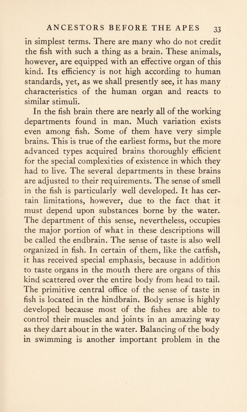 in simplest terms. There are many who do not credit the fish with such a thing as a brain. These animals, however, are equipped with an effective organ of this kind. Its efficiency is not high according to human standards, yet, as we shall presently see, it has many characteristics of the human organ and reacts to similar stimuli. In the fish brain there are nearly all of the working departments found in man. Much variation exists even among fish. Some of them have very simple brains. This is true of the earliest forms, but the more advanced types acquired brains thoroughly efficient for the special complexities of existence in which they had to live. The several departments in these brains are adjusted to their requirements. The sense of smell in the fish is particularly well developed. It has cer¬ tain limitations, however, due to the fact that it must depend upon substances borne by the water. The department of this sense, nevertheless, occupies the major portion of what in these descriptions will be called the endbrain. The sense of taste is also well organized in fish. In certain of them, like the catfish, it has received special emphasis, because in addition to taste organs in the mouth there are organs of this kind scattered over the entire body from head to tail. The primitive central office of the sense of taste in fish is located in the hindbrain. Body sense is highly developed because most of the fishes are able to control their muscles and joints in an amazing way as they dart about in the water. Balancing of the body in swimming is another important problem in the