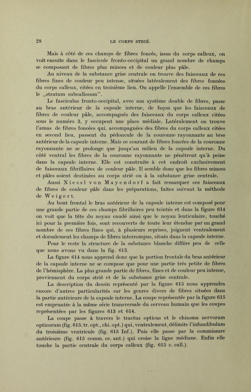 Mais à côté de ces champs de fibres foncés, issus du corps calleux, on voit ensuite dans le fascicule fronto-occipital un grand nombre de champs se composant de fibres plus minces et de couleur plus pâle. Au niveau de la substance grise centrale on trouve des faisceaux de ces fibres fines de couleur peu intense, situées latéralement des fibres foncées du corps calleux, citées en troisième lieu. On appelle l’ensemble de ces fibres le „stratum subcallosum”. Le fasciculus fronto-occipital, avec son système double de fibres, passe au bras antérieur de la capsule interne, de façon que les faisceaux de fibres de couleur pâle, accompagnés des faisceaux du corps calleux citées sous le numéro 3, y occupent une place médiale. Latéralement on trouve l’amas de fibres foncées qui, accompagnées des fibres du corps calleux citées en second lieu, passent du pédoncule de la couronne rayonnante au bras antérieur de la capsule interne. Mais ce courant de fibres foncées de la couronne rayonnante ne se prolonge que jusqu’au milieu de la capsule interne. Du côté ventral les fibres de la couronne rayonnante ne pénètrent qu’à peine dans la capsule interne. Elle est construite à cet endroit exclusivement de faisceaux fibrillaires de couleur pâle. Il semble donc que les fibres minces et pâles soient destinées au corps strié ou à la substance grise centrale. Aussi Niessl von Mayendorf a fait remarquer ces faisceaux de fibres de couleur pâle dans les préparations, faites suivant la méthode de Weigert. Au bout frontal le bras antérieur de la capsule interne est composé pour une grande partie de ces champs fibrillaires peu teintés et dans la figure 614 on voit que la tête du noyau caudé ainsi que le noyau lenticulaire, touché ici pour la première fois, sont recouverts de toute leur étendue par un grand nombre de ces fibres fines qui, à plusieurs reprises, joignent ventralement et dorsalement les champs de fibres interrompus, situés dans la capsule interne. Pour le reste la structure de la substance blanche diffère peu de celle que nous avons vu dans la fig. 613. La figure 614 nous apprend donc que la portion frontale du bras antérieur de la capsule interne ne se compose que pour une partie très petite de fibres de l’hémisphère. La plus grande partie de fibres, fines et de couleur peu intense, proviennent du corps strié et de la substance grise centrale. La description du dessin représenté par la figure 615 nous apprendra encore d’autres particularités sur les genres divers de fibres situées dans la partie antérieure de la capsule interne. La coupe représentée par la figure 615 est empruntée à la même série transversale du cerveau humain que les coupes représentées par les figures 613 et 614. La coupe passe à travers le tractus opticus et le chiasma nervorum opticorum (fig. 615. tr. opt., chi. opt.) qui, ventralement,délimite l’infundibulum du troisième ventricule (fig. 615 Inf.). Puis elle passe par la commissure antérieure (fig. 615 comm. ce. ant.) qui croise la ligne médiane. Enfin elle touche la partie centrale du corps calleux (fig. 615 c. call.).