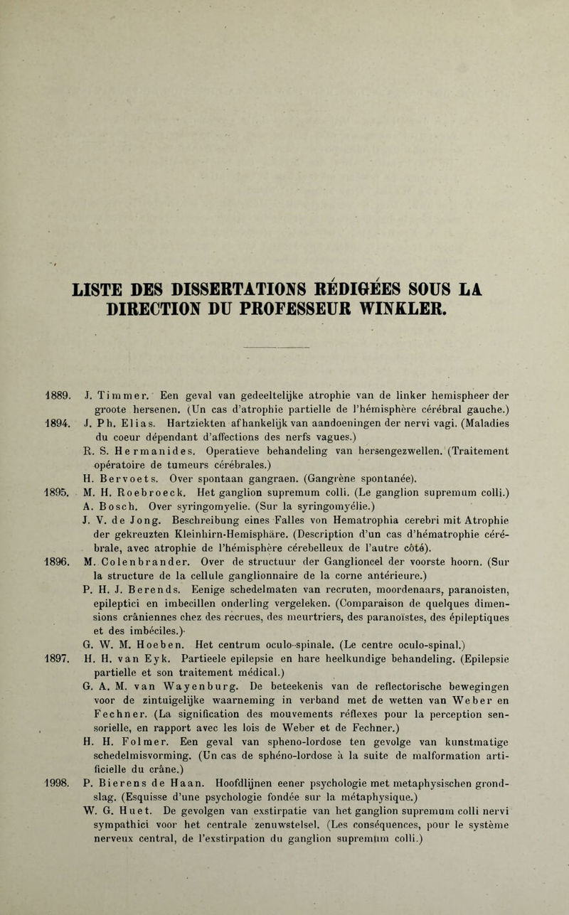 LISTE DES DISSERTATIONS REDIGEES SOUS LA DIRECTION DU PROFESSEUR WINKLER. 1889. J. Timmer. Een geval van gedeeltelijke atrophie van de linker hemispheer der groote hersenen. (Un cas d’atrophie partielle de l’hémisphère cérébral gauche.) 1894. J. Ph. Elias. Hartziekten afhankelijk van aandoeningen der nervi vagi. (Maladies du coeur dépendant d’affections des nerfs vagues.) R. S. Hermanides. Operatieve behandeling van hersengezwellen. (Traitement opératoire de tumeurs cérébrales.) H. Ber voet s. Over spontaan gangraen. (Gangrène spontanée). 1895. M. H. Roebroeck. Het ganglion supremum colli. (Le ganglion supremum colli.) A. Bosch. Over Syringomyelie. (Sur la syringomyélie.) J. V. de Jong. Beschreibung eines Falles von Hematrophia cerebri mit Atrophie der gekreuzten Kleinhirn-Hemisphäre. (Description d’un cas d’hématrophie céré¬ brale, avec atrophie de l’hémisphère cérebelleux de l’autre côté). 1896. M. Colenbrander. Over de structuur der Ganglioncel der voorste hoorn. (Sur la structure de la cellule ganglionnaire de la corne antérieure.) P. H. J. Berends. Eenige schedelmaten van recruten, moordenaars, paranoisten, epileptici en irnbecillen onderling vergeleken. (Comparaison de quelques dimen¬ sions crâniennes chez des recrues, des meurtriers, des paranoïstes, des épileptiques et des imbéciles.)- G. W. M. Hoeben. Het centrum oculo-spinale. (Le centre oculo-spinal.) 1897. H. H. van Eyk. Partieele epilepsie en hare heelkundige behandeling. (Epilepsie partielle et son traitement médical.) G. A. M. van Way en burg. De beteekenis van de reflectorische bewegingen voor de zintuigelijke waarneming in verband met de wetten van Weber en F ec h n er. (La signification des mouvements réflexes pour la perception sen¬ sorielle, en rapport avec les lois de Weber et de Fechner.) H. H. Fol mer. Een geval van spheno-lordose ten gevolge van kunstmatige schedelmisvorming. (Un cas de sphéno-lordose à la suite de malformation arti¬ ficielle du crâne.) 1998. P. Bierens de Haan. Hoofdlijnen eener psychologie met metaphysischen grond¬ slag. (Esquisse d’une psychologie fondée sur la métaphysique.) W. G. Huet. De gevolgen van exstirpatie van het ganglion supremum colli nervi sympathici voor het centrale zenuwstelsel. (Les conséquences, pour le système nerveux central, de l’exstirpation du ganglion supremum colli.)
