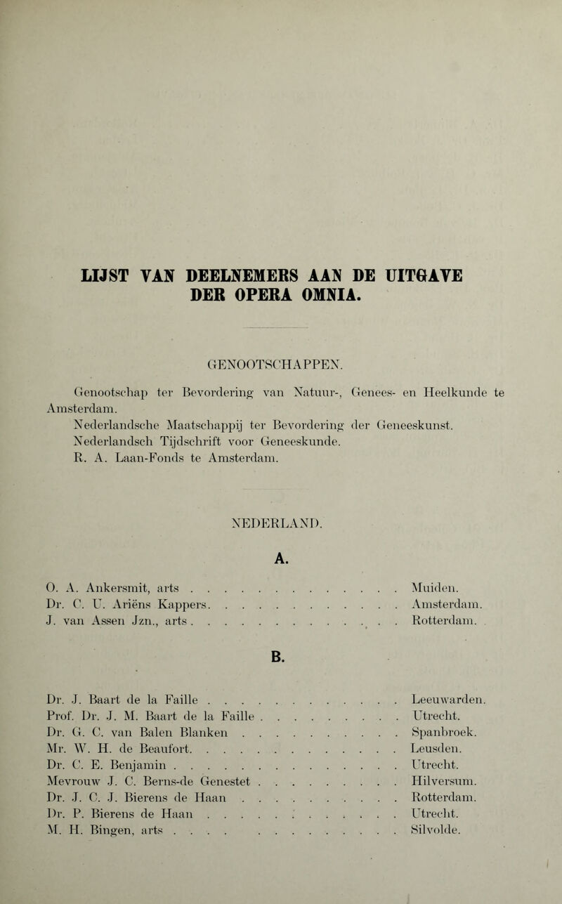 DER OPERA OMNIA. GENOOTSCHAPPEN. Genootschap ter Bevordering van Natuur-, Genees- en Heelkunde te Amsterdam. Nederlandsche Maatschappij ter Bevordering der Geneeskunst. Nederlandsch Tijdschrift voor Geneeskunde. R. A. Laan-Fonds te Amsterdam. NEDERLAND. A. O. A. Ankersmit, arts.Muiden. Dr. C. U. Ariëns Kappers.Amsterdam. J. van Assen Jzn., arts.Rotterdam. B. Dr. J. Baart de la Faille.Leeuwarden. Prof. Dr. J. M. Baart de la Faille.Utrecht. Dr. G. C. van Balen Blanken.Spanbroek. Mr. W. H. de Beaufort.Leusden. Dr. C. E. Benjamin.Utrecht. Mevrouw J. C. Berns-de Genestet.Hilversum. Dr. J. C. J. Bierens de Haan.Rotterdam. Dr. P. Bierens de Haan.Utrecht. M. H. Bingen, arts .... .Silvolde.