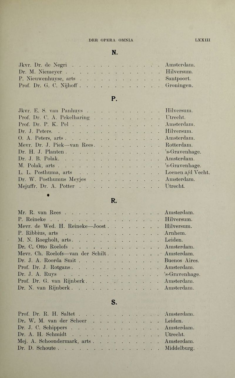 N. Jkvr. Dr. de Negri.Amsterdam. Dr. M. Niemeyer.Hilversum. P. Nieuwenhuvse, arts.Santpoort. Prof. Dr. G. C. NijhofF.Groningen. P. .Jkvr. E. S. van Panhuys.Hilversum. Prof. Dr. C. A. Pekelharing.Utrecht. Prof. Dr. P. K. Pel.Amsterdam. Dr. J. Peters.Hilversum. 0. A. Peters, arts.Amsterdam. Mevr. Dr. J. Piek—van Rees.Rotterdam. Dr. H. J. Planten.’s-Gravenhage. Dr. J. B. Polak.Amsterdam. M. Polak, arts.’s-Gravenhage. L. L. Posthuma, arts.Loenen a/d Vecht. Dr. W. Posthumus Meyjes.Amsterdam. Mejuffr. Dr. A. Potter.Utrecht. R. Mr. R, van Rees.Amsterdam. P. Reineke.Hilversum. Mevr. de Wed. H. Reineke—Joost.Hilversum. P. Ribbius, arts.Arnhem. M. N. Roegholt, arts.Leiden. Dr. C. Otto Roelofs.Amsterdam. Mevr. Ch. Roelofs—van der Schilt.• Amsterdam. Dr. J. A. Roorda Smit.Buenos Aires. Prof. Dr. J. Rotgans.Amsterdam. Dr. J. A. Ruys.’s-Gravenhage. Prof. Dr. G. van Rijnberk.Amsterdam. Dr. N. van Rijnberk.Amsterdam. S. Prof. Dr. R. H. Saltet.Amsterdam. Dr. W. M. van der Scheer.Leiden. Dr. J. C. Schippers.Amsterdam. Dr. A. H. Schmidt.Utrecht. Mej. A. Schoondermark, arts.Amsterdam. Dr. D. Schoute.Middelburg.