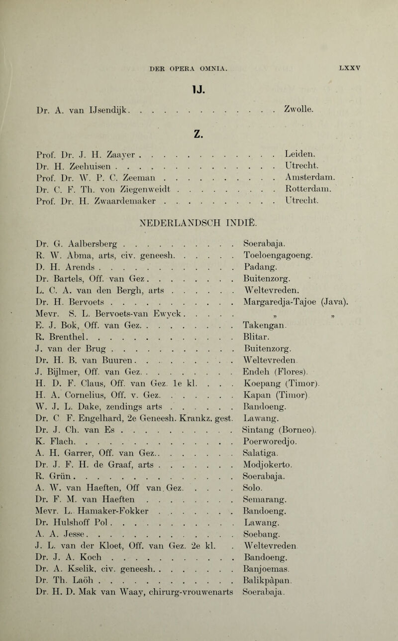 1J. Dr. A. van IJsendijk Z. Zwolle. Prof. Dr. J. H. Zaaver.Leiden. Dr. H. Zeehuisen.Utrecht. Prof. Dr. W. P. C. Zeeman.Amsterdam. Dr. C. F. Th. von Ziegenweidt.Rotterdam. Prof. Dr. H. Zwaardemaker.Utrecht. NEDERLANDSCH INDIË. Dr. G. Aalbersberg. R. W. Àbma, arts, civ. geneesh. D. H. Arends. Dr. Bartels, Off. van Gez. L. C. A. van den Bergh, arts. Dr. H. Bervoets. Mevr. S. L. Bervoets-van Ewyck. E. J. Bok, Off. van Gez. R. Brenthel. J. van der Brug. Dr. H. B. van Buuren. J. Bijlmer, Off. van Gez. H. D. F. Claus, Off. van Gez. Ie kl. H. A. Cornelius, Off. v. Gez. W. J. L. Dake, zendings arts. Dr. C F. Engelhard, 2e Geneesh. Krankz. gest. Dr. J. Ch. van Es. K. Flach. A. H. Garrer, Off. van Gez. Dr. J. F. H. de Graaf, arts. R. Grim. A. W. van Haeften, Off van Gez. Dr. F. M. van Haeften. Mevr. L. Hamaker-Fokker Dr. Hulshoff Pol. A. A. Jesse. J. L. van der Kloet, Off. van Gez. 2e kl. Dr. J. A. Koch. Dr. A. Kselik, civ. geneesh. Dr. Th. Laöh. Dr. H. D. Mak van Waay, chirurg-vrouwenarts Soerabaja. Toeloengagoeng. Padang. Buitenzorg. Weltevreden. Margaredja-Tajoe (Java). » » Takengan. Blitar. Buitenzorg. Weltevreden. Endeh (Flores). Koepang (Timor). Ivapan (Timor) Bandoeng. La wang. Sintang (Borneo). Poerworedjo. Salatiga. Modjokerto. Soerabaja. Solo. Semarang. Bandoeng. Lawang. Soebang. Weltevreden Bandoeng. Banjoemas. Balikpapan. Soerabaja.