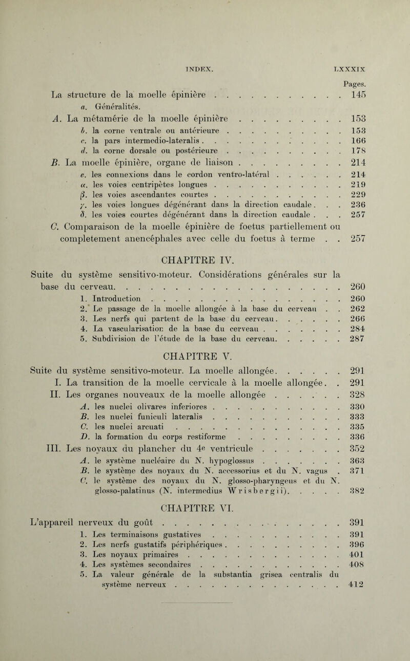 Pages. La structure de la moelle épinière.145 a. Généralités. A. La métamérie de la moelle épinière.153 h. la corne ventrale ou antérieure.153 c. la pars intermedio-lateralis. 166 d. la corne dorsale ou postérieure.178 B. La moelle épinière, organe de liaison.214 e. les connexions dans le cordon ventro-latéral.214 «. les voies centripètes longues.219 (■J. les voies ascendantes courtes.229 y. les voies longues dégénéi’ant dans la direction caudale . . . 236 8. les voies courtes dégénérant dans la direction caudale . . . 257 C. Comparaison de la moelle épinière de foetus partiellement ou complètement anencéphales avec celle du foetus à terme . . 257 CHAPITRE IV. Suite du système sensitivo-moteur. Considérations générales sur la base du cerveau.260 1. Introduction.260 2. Le passage de la moelle allongée à la base du cerveau . . 262 3. Les nerfs qui partent de la base du cerveau.266 4. La vascularisation de la base du cerveau.284 5. Subdivision de l’étude de la base du cerveau.287 CHAPITRE V. Suite du système sensitivo-moteur. La moelle allongée.291 I. La transition de la moelle cervicale à la moelle allongée. . 291 II. Les organes nouveaux de la moelle allongée.328 A. les nuclei olivares inferiores.330 B. les nuclei funiculi lateralis.333 C. les nuclei arcuati.335 B. la formatiou du corps restiforme.336 III. Les noyaux du plancher du 4e ventricule.352 A. le système nucléaire du N. hypoglossus.363 B. le système des noyaux du 1ST. accessorius et du N. vagus . 371 C. le système des noyaux du N. glosso-pbaryngeus et du N. glosso-palatinus (N. intermedius Wrisbergii).382 CHAPITRE VI. L’appareil nerveux du goût.391 1. Les terminaisons gustatives.391 2. Les nerfs gustatifs périphériques.396 3. Les noyaux primaires.401 4. Les systèmes secondaires.408 5. La valeur générale de la substantia grisea centralis du système nerveux.412