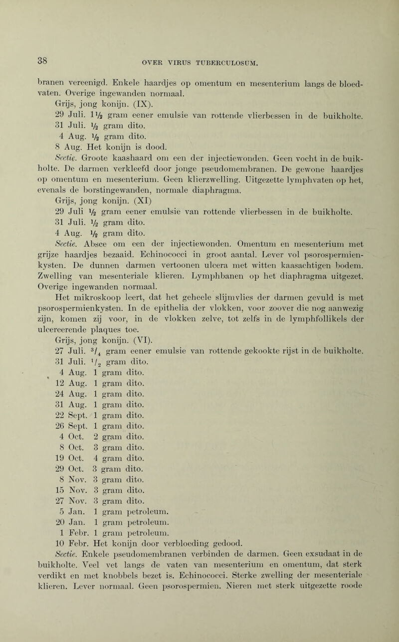 branen vereenigd. Enkele haardjes op omentum en mesenterium langs de bloed¬ vaten. Overige ingewanden normaal. Grijs, jong konijn. (IX). 29 Juli. IV2 gram eener emulsie van rottende vlierbessen in de buikholte. 31 Juli. 1/2 gram dito. 4 Aug. 1/2 gram dito. 8 Aug. Het konijn is dood. Sectie. Groote kaashaard om een der injectiewonden. Geen vocht in de buik¬ holte. De darmen verkleefd door jonge pseudomembranen. De gewone haardjes op omentum en mesenterium. Geen klierzwelling. Uitgezette lymphvaten op het, evenals de borstingewanden, normale diaphragma. Grijs, jong konijn. (XI) 29 Juli i/s gram eener emulsie van rottende vlierbessen in de buikholte. 31 Juli. 1/2 gram dito. 4 Aug. V2 gram dito. Sectie. Absce om een der injectiewonden. Omentum en mesenterium met grijze haardjes bezaaid. Echinococci in groot aantal. Lever vol psorospermien- kysten. De dunnen darmen vertoonen ulcéra met witten kaasachtigen bodem. Zwelling van mesenteriale klieren. Lymphbanen op het diaphragma uitgezet. Overige ingewanden normaal. Het mikroskoop leert, dat het geheele slijmvlies der darmen gevuld is met psorospermienkysten. In de epithelia der vlokken, voor zoover die nog aanwezig zijn, komen zij voor, in de vlokken zelve, tot zelfs in de lymphfollikels der ulcereerende plaques toe. Grijs, jong konijn. (VI). 27 Juli. 3/4 gram eener emulsie van rottende gekookte rijst in de buikholte. 31 Juli. xl2 gram dito. 4 Aug. 1 gram dito. 12 Aug. 1 gram dito. 24 Aug. 1 gram dito. 31 Aug. 1 gram dito. 22 Sept. 1 gram dito. 26 Sept. 1 gram dito. 4 Oct. 2 gram dito. 8 Oct. 3 gram dito. 19 Oct. 4 gram dito. 29 Oct. 3 gram dito. 8 Nov. 3 gram dito. 15 Nov. 3 gram dito. 27 Nov. 3 gram dito. 5 Jan. 1 gram petroleum. 20 Jan. 1 gram petroleum. 1 Febr. 1 gram petroleum. 10 Febr. Het konijn door verbloeding gedood. Sectie. Enkele pseudomembranen verbinden de darmen. Geen exsudaat in de buikholte. Veel vet langs de vaten van mesenterium en omentum, dat sterk verdikt en met knobbels bezet is. Echinococci. Sterke zwelling der mesenteriale klieren. Lever normaal. Geen psorospermien. Nieren met sterk uitgezette roode