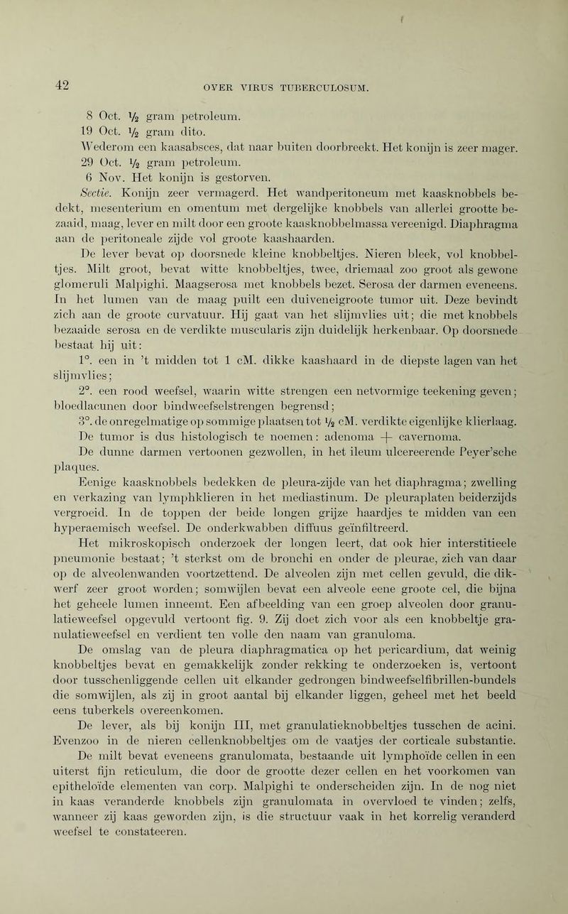 8 Oct. V2 gram petroleum. 19 Oct. 1/2 gram dito. Wederom een kaasabsces, dat naar buiten doorbreekt. Het konijn is zeer mager. 29 Oct. V2 gram petroleum. 6 Nov. Het konijn is gestorven. Sectie. Konijn zeer vermagerd. Het wandperitoneum met kaasknobbels be¬ dekt, mesenterium en omentum met dergelijke knobbels van allerlei grootte be¬ zaaid, maag, lever en milt door een groote kaasknobbelmassa vereenigd. Diaphragma aan de peritoneale zijde vol groote kaashaarden. De lever bevat op doorsnede kleine knobbeltjes. Nieren bleek, vol knobbel¬ tjes. Milt groot, bevat witte knobbeltjes, twee, driemaal zoo groot als gewone glomeruli Malpighi. Maagserosa met knobbels bezet. Serosa der darmen eveneens. In het lumen van de maag puilt een duiveneigroote tumor uit. Deze bevindt zich aan de groote curvatuur. Hij gaat van het slijmvlies int; die met knobbels bezaaide serosa en de verdikte muscularis zijn duidelijk herkenbaar. Op doorsnede bestaat hij uit : 1°. een in ’t midden tot 1 cM. dikke kaashaard in de diepste lagen van het slijmvlies; 2°. een rood weefsel, waarin witte strengen een netvormige teekening geven ; bloedlacuncn door bindweefselstrengen begrensd; 3°. de onregelmatige op sommige plaatsen tot V2 cM. verdikte eigenlijke klierlaag. De tumor is dus histologisch te noemen: adenoma -)- cavernoma. De dunne darmen vertoonen gezwollen, in het ileum ulcereerende Peyer’sche plaques. Eenige kaasknobbels bedekken de pleura-zijde van het diaphragma; zwelling en verkazing van lymphklieren in het mediastinum. De pleuraplaten beiderzijds vergroeid. In de toppen der beide longen grijze haardjes te midden van een hyperaemisch weefsel. De onderkwabben diffuus geïnfiltreerd. Het mikroskopisch onderzoek der longen leert, dat ook hier interstitieele pneumonie bestaat; ’t sterkst om de bronchi en onder de pleurae, zich van daar o]) de alveolenwanden voortzettend. De alveolen zijn met cellen gevuld, die dik¬ werf zeer groot worden; somwijlen bevat een alveole eene groote cel, die bijna het geheele linnen inneemt. Een afbeelding van een groep alveolen door granu- latieweefsel opgevuld vertoont fig. 9. Zij doet zich voor als een knobbeltje gra- nulatieweefsel en verdient ten volle den naam van granuloma. De omslag van de pleura diaphragmatica op het pericardium, dat weinig knobbeltjes bevat en gemakkelijk zonder rekking te onderzoeken is, vertoont door tusschenliggende cellen uit elkander gedrongen bindweefselfibrillen-bundels die somwijlen, als zij in groot aantal bij elkander liggen, geheel met het beeld cens tuberkels overeenkomen. De lever, als bij konijn III, met granulatieknobbeltjes tusschen de acini. Evenzoo in de nieren cellenknobbeltjes om de vaatjes der corticale substantie. De milt bevat eveneens granulomata, bestaande uit lymphoïde cellen in een uiterst fijn reticulum, die door de grootte dezer cellen en het voorkomen van epitheloïde elementen van corp. Malpighi te onderscheiden zijn. In de nog niet in kaas veranderde knobbels zijn granulomata in overvloed te vinden; zelfs, wanneer zij kaas geworden zijn, is die structuur vaak in het korrelig veranderd weefsel te constateeren.