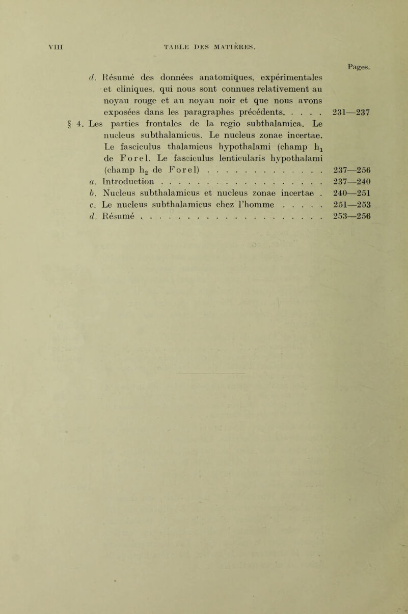 <1. Résumé des données anatomiques, expérimentales et cliniques, qui nous sont connues relativement au noyau rouge et au noyau noir et que nous avons exposées dans les paragraphes précédents. § 4. Les parties frontales de la regio subthalamica. Le nucleus subthalamicus. Le nucleus zonae incertae. Le fasciculus thalamicus hypothalami (champ Iq de Forel. Le fasciculus lenticularis hypothalami (champ h2 de Forel). a. Introduction. b. Nucleus subthalamicus et nucleus zonae incertae . c. Le nucleus subthalamicus chez l’homme. cl. Résumé. Pages. 231—237 237—256 237—240 240—251 251—253 253—256