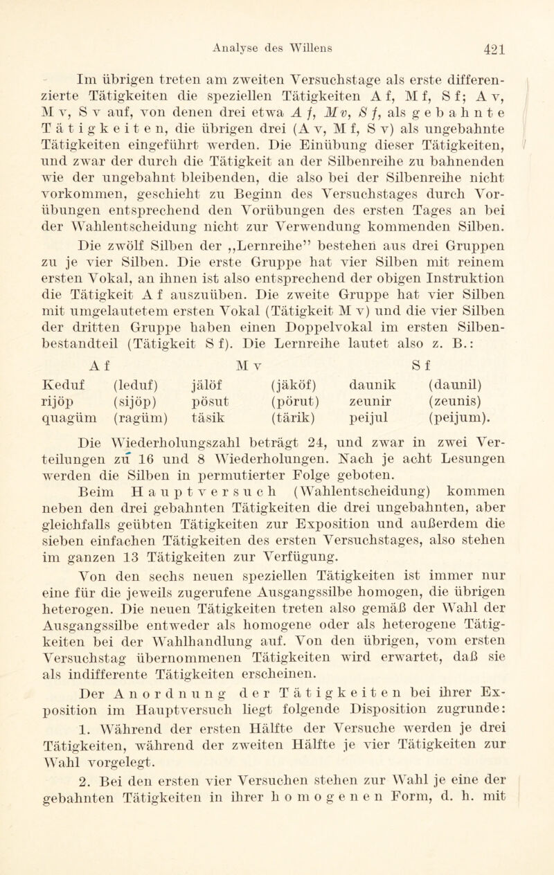 Im übrigen treten am zweiten Versuchstage als erste differen¬ zierte Tätigkeiten die speziellen Tätigkeiten Af, Mf, Sf; A v, AI v, S v auf, von denen drei etwa A /, Mv, 8 f, als gebahnte Tätigkeiten, die übrigen drei (A v, AI f, S v) als ungebahnte Tätigkeiten eingeführt werden. Die Einübung dieser Tätigkeiten, und zwar der durch die Tätigkeit an der Silbenreihe zu bahnenden wie der ungebahnt bleibenden, die also bei der Silbenreihe nicht Vorkommen, geschieht zu Beginn des Yersuchstages durch Vor¬ übungen entsprechend den Vorübungen des ersten Tages an bei der Wahlentscheidung nicht zur Verwendung kommenden Silben. Die zwölf Silben der ,,Lernreilie” bestehen aus drei Gruppen zu je vier Silben. Die erste Gruppe hat vier Silben mit reinem ersten Vokal, an ihnen ist also entsprechend der obigen Instruktion die Tätigkeit A f auszuüben. Die zweite Gruppe hat vier Silben mit umgelautetem ersten Vokal (Tätigkeit AI v) und die vier Silben der dritten Gruppe haben einen Doppelvokal im ersten Silben¬ bestandteil (Tätigkeit S f). Die Lernreihe lautet also z. B.: A f AI v S f Keduf (leduf) jälöf (jäköf) daunik (daunil) rijöp (sijöp) pösut (pörut) zeunir (zeunis) quagüm (ragüm) täsik (tärik) peijul (peijum). Die Wiederholungszahl beträgt 24, und zwar in zwei Ver¬ teilungen zu 16 und 8 Wiederholungen. Nach je acht Lesungen werden die Silben in permutierter Folge geboten. Beim Hauptversuch (Wahlentscheidung) kommen neben den drei gebahnten Tätigkeiten die drei ungebahnten, aber gleichfalls geübten Tätigkeiten zur Exposition und außerdem die sieben einfachen Tätigkeiten des ersten Versuchstages, also stehen im ganzen 13 Tätigkeiten zur Verfügung. Von den sechs neuen speziellen Tätigkeiten ist immer nur eine für die jeweils zugerufene Ausgangssilbe homogen, die übrigen heterogen. Die neuen Tätigkeiten treten also gemäß der Wahl der Ausgangssilbe entweder als homogene oder als heterogene Tätig¬ keiten bei der Wahlhandlung auf. Von den übrigen, vom ersten Versuchstag übernommenen Tätigkeiten wird erwartet, daß sie als indifferente Tätigkeiten erscheinen. Der Anordnung der Tätigkeiten bei ihrer Ex¬ position im Hauptversuch liegt folgende Disposition zugrunde: 1. Während der ersten Hälfte der Versuche werden je drei Tätigkeiten, während der zweiten Hälfte je vier Tätigkeiten zur Wahl vorgelegt. 2. Bei den ersten vier Versuchen stehen zur Wahl je eine der gebahnten Tätigkeiten in ihrer h o m o g e n e n Form, d. h. mit