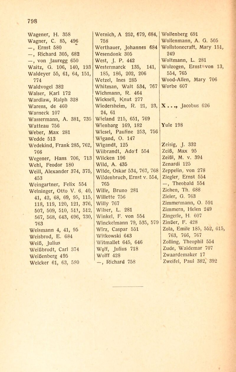 Wagener, H. 358 Wagner, C. 85, 496 —, Ernst 580 —, Richard 305, 682 —, von Jauregg 650 Waitz, G. 106, 140, 193 Waldeyer 55, 61, 64, 151, 774 Waldvogel 382 Walser, Karl 172 Wardlaw, Ralph 328 Warens, de 460 Warneck 107 Wassermann, A. 381, 735 Watteau 756 Weber, Max 281 Wedde 513 Wedekind, Frank 285, 762, 766 Wegener, Hans 706, 713 Wehl, Feodor 180 Weill, Alexander 374, 375, 453 Weingartner, Felix 554 Weininger, Otto V. 6. 40, 41, 42, 68, 69, 95, 115, 118, 119, 120, 121, 376, 507, 509, 510, 511, 512, 567, 568, 643, 696, 730, 763 Weismann 4, 41, 95 Weisbrod, E. 684 Weiß, Julius Weißbrodt, Carl 374 Weißenberg 495 Welcker 61, 63, 580 Wernich, A 252, 679, 684, 758 Werthauer, Johannes 684 Wesendonk 305 West, J. P. 442 Westermarck 135, 141, 185, 186, 202, 206 Wetzel, Ines 285 Whitman, Walt 534, 767 Wichmann, R. 464 Wicksell, Knut 277 Wiedersheim, R. 21, 23, 24, 61 Wieland 215, 651, 769 Wienbarg 169, 182 Wiesel, Pauline 253, 756 Wigand, O. 147 Wigandt, 125 Wilbrandt, Ado'f 554 Wilcken 196 Wild, A. 435 Wilde, Oskar 534, 767, 768 Wildenbruch, Ernst v. 554, 765 Wille, Bruno 281 Willette 756 Willy 767 Wilser, L. 281 Winkel, F. von 554 Winckelmann 79, 535, 579 Wirz, Caspar 551 Witkowski 643 Witmallet 645, 646 Wolf, Julius 718 Wolff 428 -, Richard 758 Wollenberg 691 Wollenmann, A. G. 505 Wollstonecraft, Mary 151, 249 Woltmann, L. 281 Wolzogen, Ernst von 13, 554, 765 Wood-Allen, Mary 706 Worbe 607 X ..Jacobus 626 Yule 198 Zeisig, J. 332 Zeiß, Max 95 Zeiß), M. v. 394 Zenardi 125 Zeppelin, von 278 Ziegler, Ernst 554 —, Theobald 554 Ziehen, Th. 688 Zieler, G. 763 Zimmermann, O. 591 Zimmern, Helen 249 Zingerle, H. 607 Zinßer, F. 428 Zola, Emile 185, 552, 615, 763, 766, 767 Zolling, Theophil 554 Zude, Waldemar 707 Zwaardemaker 17 Zweifel, Paul 382, 392