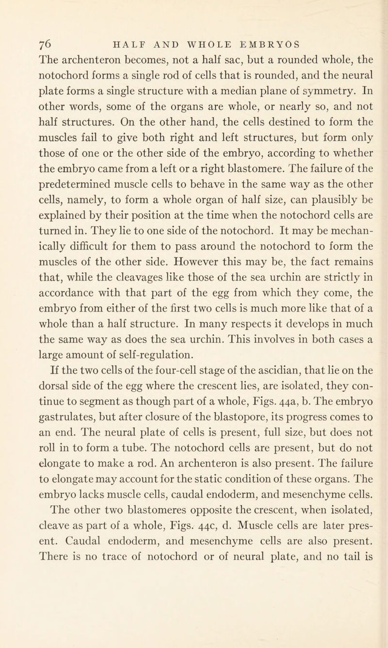 The archenteron becomes, not a half sac, but a rounded whole, the notochord forms a single rod of cells that is rounded, and the neural plate forms a single structure with a median plane of symmetry. In other words, some of the organs are whole, or nearly so, and not half structures. On the other hand, the cells destined to form the muscles fail to give both right and left structures, but form only those of one or the other side of the embryo, according to whether the embryo came from a left or a right blastomere. The failure of the predetermined muscle cells to behave in the same way as the other cells, namely, to form a whole organ of half size, can plausibly be explained by their position at the time when the notochord cells are turned in. They lie to one side of the notochord. It may be mechan- ically difficult for them to pass around the notochord to form the muscles of the other side. However this may be, the fact remains that, while the cleavages like those of the sea urchin are strictly in accordance with that part of the egg from which they come, the embryo from either of the first two cells is much more like that of a whole than a half structure. In many respects it develops in much the same way as does the sea urchin. This involves in both cases a large amount of self-regulation. If the two cells of the four-cell stage of the ascidian, that lie on the dorsal side of the egg where the crescent lies, are isolated, they con- tinue to segment as though part of a whole, Figs. 44a, b. The embryo gastrulates, but after closure of the blastopore, its progress comes to an end. The neural plate of cells is present, full size, but does not roll in to form a tube. The notochord cells are present, but do not elongate to make a rod. An archenteron is also present. The failure to elongate may account for the static condition of these organs. The embryo lacks muscle cells, caudal endoderm, and mesenchyme cells. The other two blastomeres opposite the crescent, when isolated, cleave as part of a whole, Figs. 44c, d. Muscle cells are later pres- ent. Caudal endoderm, and mesenchyme cells are also present. There is no trace of notochord or of neural plate, and no tail is
