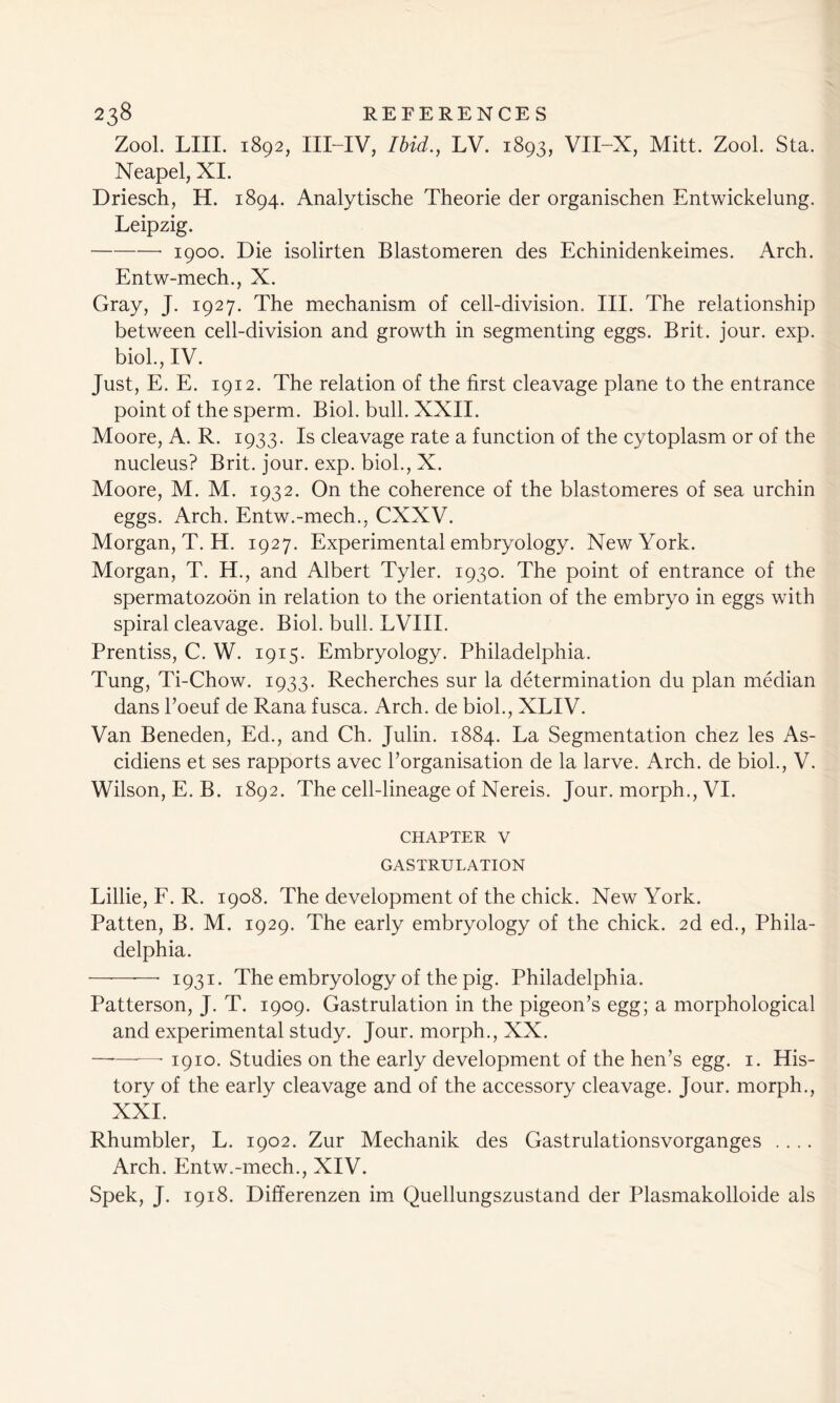 Zool. LIII. 1892, III-IV, Ibid., LV. 1893, VII-X, Mitt. Zool. Sta. Neapel, XI. Driesch, H. 1894. Analytische Theorie der organischen Entwickelung. Leipzig. 1900. Die isolirten Blastomeren des Echinidenkeimes. Arch. Entw-mech., X. Gray, J. 1927. The mechanism of cell-division. III. The relationship between cell-division and growth in segmenting eggs. Brit. jour. exp. biol., IV. Just, E. E. 1912. The relation of the first cleavage plane to the entrance point of the sperm. Biol. bull. XXII. Moore, A. R. 1933. Is cleavage rate a function of the cytoplasm or of the nucleus? Brit. jour. exp. biol., X. Moore, M. M. 1932. On the coherence of the blastomeres of sea urchin eggs. Arch. Entw.-mech., CXXV. Morgan, T. H. 1927. Experimental embryology. New York. Morgan, T. H., and Albert Tyler. 1930. The point of entrance of the spermatozoon in relation to the orientation of the embryo in eggs with spiral cleavage. Biol. bull. LVIII. Prentiss, C. W. 1915. Embryology. Philadelphia. Tung, Ti-Chow. 1933. Recherches sur la determination du plan median dans l’oeuf de Rana fusca. Arch, de biol., XLIV. Van Beneden, Ed., and Ch. Julin. 1884. La Segmentation chez les As- cidiens et ses rapports avec ^organisation de la larve. Arch, de biol., V. Wilson, E. B. 1892. The cell-lineage of Nereis. Jour, morph., VI. chapter v GASTRULATION Lillie, F. R. 1908. The development of the chick. New York. Patten, B. M. 1929. The early embryology of the chick. 2d ed., Phila- delphia. —-—-—- 1931. The embryology of the pig. Philadelphia. Patterson, J. T. 1909. Gastrulation in the pigeon’s egg; a morphological and experimental study. Jour, morph., XX. —*——- 1910. Studies on the early development of the hen’s egg. 1. His- tory of the early cleavage and of the accessory cleavage. Jour, morph., XXI. Rhumbler, L. 1902. Zur Mechanik des Gastrulationsvorganges .... Arch. Entw.-mech., XIV. Spek, J. 1918. Differenzen im Quellungszustand der Plasmakolloide als