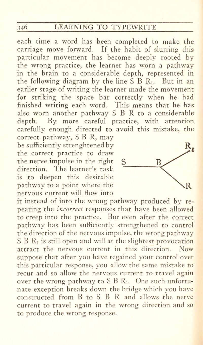 each time a word has been completed to make the carriage move forward. If the habit of slurring this particular movement has become deeply rooted by the wrong practice, the learner has worn a pathway in the brain to a considerable depth, represented in the following diagram by the line S B Ri. But in an earlier stage of writing the learner made the movement for striking the space bar correctly when he had finished writing each word. This means that he has also worn another pathway S B R to a considerable depth. By more careful practice, with attention carefully enough directed to avoid this mistake, the correct pathway, S B R, may be sufficiently strenghtened by R the correct practice to draw the nerve impulse in the right g g direction. The learner’s task is to deepen this desirable pathway to a point where the nervous current will flow into it instead of into the wrong pathway produced by re¬ peating the incorrect responses that have been allowed to creep into the practice. But even after the correct pathway has been sufficiently strengthened to control the direction of the nervous impulse, the wrong pathway S B Ri is still open and will at the slightest provocation attract the nervous current in this direction. Now suppose that after you have regained your control over this particular response, you allow the same mistake to recur and so allow the nervous current to travel again over the wrong pathway to S B Ri. One such unfortu¬ nate exception breaks down the bridge which you have constructed from B to S B R and allows the nerve current to travel again in the wrong direction and so to produce the wrong response.