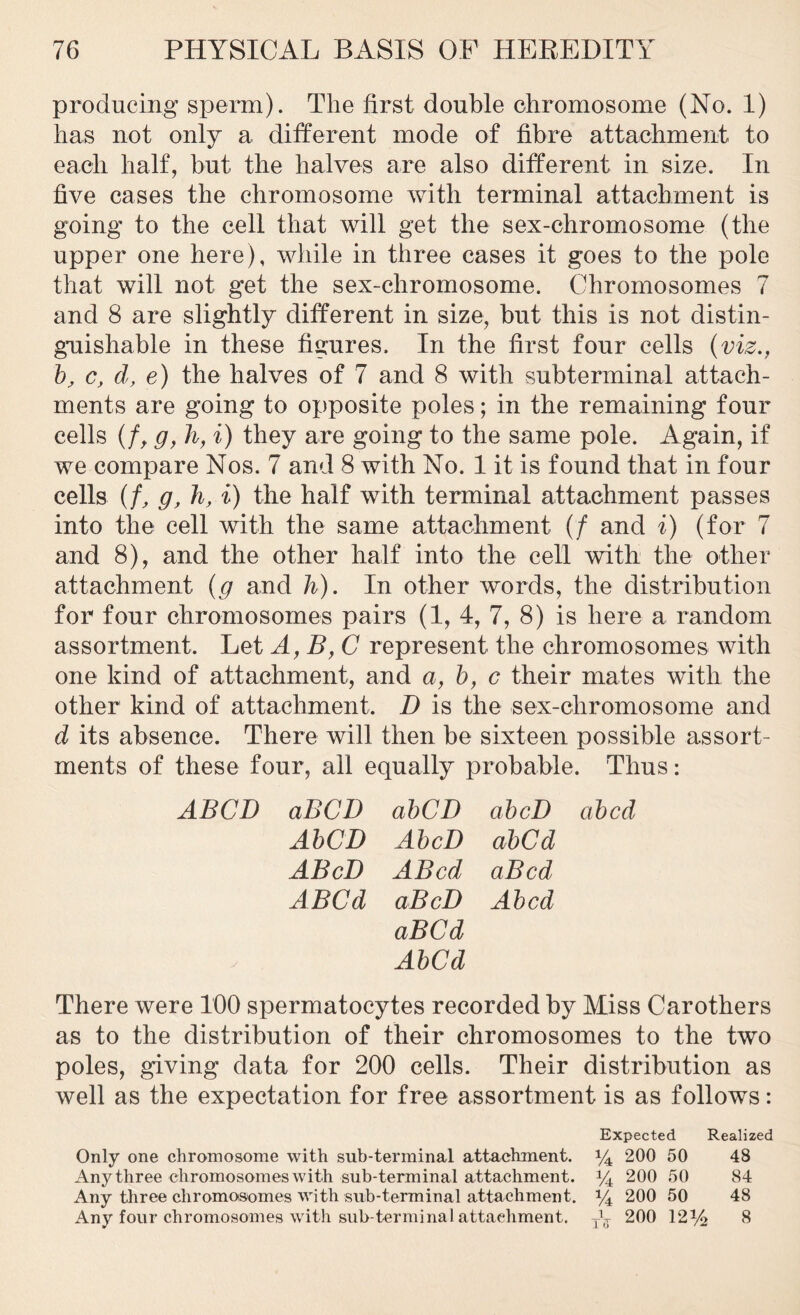 producing sperm). The first double chromosome (No. 1) has not only a different mode of fibre attachment to each half, but the halves are also different in size. In five cases the chromosome with terminal attachment is going to the cell that will get the sex-chromosome (the upper one here), while in three cases it goes to the pole that will not get the sex-chromosome. Chromosomes 7 and 8 are slightly different in size, but this is not distin- guishable in these figures. In the first four cells {viz., b, c, d, e) the halves of 7 and 8 with subterminal attach- ments are going to opposite poles; in the remaining four cells (/, g, h, i) they are going to the same pole. Again, if we compare Nos. 7 and 8 with No. 1 it is found that in four cells {f, g, h, i) the half with terminal attachment passes into the cell with the same attachment (/ and i) (for 7 and 8), and the other half into the cell with the other attachment (g and h). In other words, the distribution for four chromosomes pairs (1, 4, 7, 8) is here a random assortment. Let A, B,C represent the chromosomes with one kind of attachment, and a, b, c their mates with the other kind of attachment. D is the sex-chromosome and d its absence. There will then be sixteen possible assort- ments of these four, all equally probable. Thus: ABCD aBCD abCD abcD abed AbCD AbcD abCd ABcD A Bed aBcd, ABCd aBcD Abed aBCd AbCd There were 100 spermatocytes recorded by Miss Carothers as to the distribution of their chromosomes to the two poles, giving data for 200 cells. Their distribution as well as the expectation for free assortment is as follows: Expected Realized Only one chromosome with sub-terminal attachment. y4 200 50 48 Any three chromosomes with sub-terminal attachment. y4 200 50 84 Any three chromosomes with sub-terminal attachment. y4 200 50 48 Any four chromosomes with sub-terminal attachment, -fa 200 12y2 8