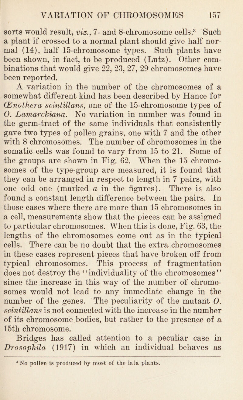 sorts would result, viz., 7- and 8-chromosome cells.3 Such a plant if crossed to a normal plant should give half nor- mal (14), half 15-chromosome types. Such plants have been shown, in fact, to be produced (Lutz). Other com- binations that would give 22, 23, 27, 29 chromosomes have been reported. A variation in the number of the chromosomes of a somewhat different kind has been described by Hance for CEnothera scintillans, one of the 15-chromosome types of 0. Lamarckiana. No variation in number was found in the germ-tract of the same individuals that consistently gave two types of pollen grains, one with 7 and the other with 8 chromosomes. The number of chromosomes in the somatic cells was found to vary from 15 to 21. Some of the groups are shown in Fig. 62. When the 15 chromo- somes of the type-group are measured, it is found that they can be arranged in respect to length in 7 pairs, with one odd one (marked a in the figures). There is also found a constant length difference between the pairs. In those cases where there are more than 15 chromosomes in a cell, measurements show that the pieces can be assigned to particular chromosomes. When this is done, Fig. 63, the lengths of the chromosomes come out as in the typical cells. There can be no doubt that the extra chromosomes in these cases represent pieces that have broken off from typical chromosomes. This process of fragmentation does not destroy the “individuality of the chromosomes” since the increase in this way of the number of chromo- somes would not lead to any immediate change in the number of the genes. The peculiarity of the mutant 0. scintillans is not connected with the increase in the number of its chromosome.bodies, but rather to the presence of a 15th chromosome. Bridges has called attention to a peculiar case in Drosophila (1917) in which an individual behaves as 3 No pollen is produced by most of the lata plants.