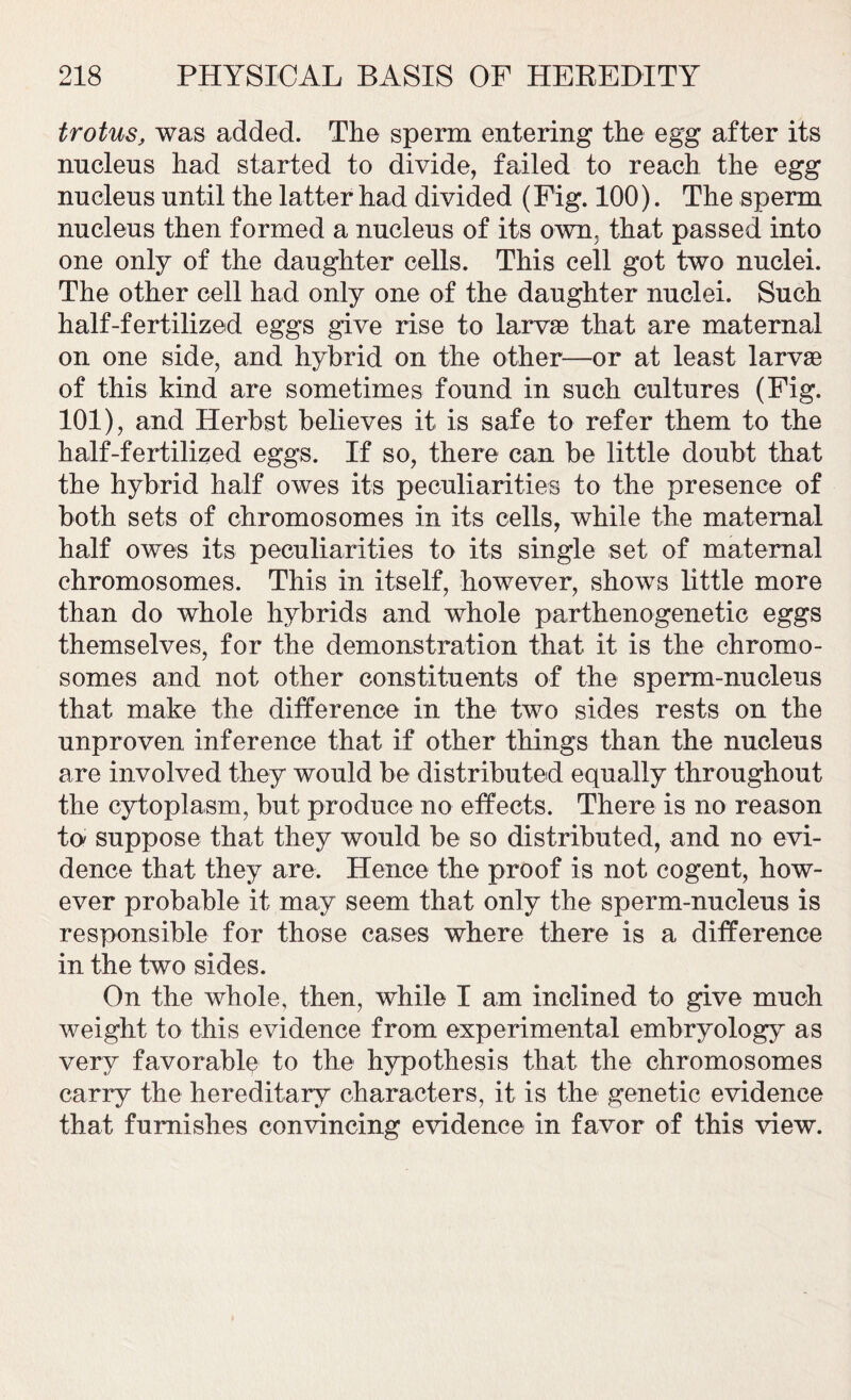 trotus, was added. The sperm entering the egg after its nucleus had started to divide, failed to reach the egg nucleus until the latter had divided (Fig. 100). The sperm nucleus then formed a nucleus of its own, that passed into one only of the daughter cells. This cell got two nuclei. The other cell had only one of the daughter nuclei. Such half-fertilized eggs give rise to larvae that are maternal on one side, and hybrid on the other—or at least larvae of this kind are sometimes found in such cultures (Fig. 101), and Herbst believes it is safe to refer them to the half-fertilized eggs. If so, there can be little doubt that the hybrid half owes its peculiarities to the presence of both sets of chromosomes in its cells, while the maternal half owes its peculiarities to its single set of maternal chromosomes. This in itself, however, shows little more than do whole hybrids and whole parthenogenetic eggs themselves, for the demonstration that it is the chromo- somes and not other constituents of the sperm-nucleus that make the difference in the two sides rests on the unproven inference that if other things than the nucleus are involved they would be distributed equally throughout the cytoplasm, but produce no effects. There is no reason ta suppose that they would be so distributed, and no evi- dence that they are. Hence the proof is not cogent, how- ever probable it may seem that only the sperm-nucleus is responsible for those cases where there is a difference in the two sides. On the whole, then, while I am inclined to give much weight to this evidence from experimental embryology as very favorably to the hypothesis that the chromosomes carry the hereditary characters, it is the genetic evidence that furnishes convincing evidence in favor of this view.