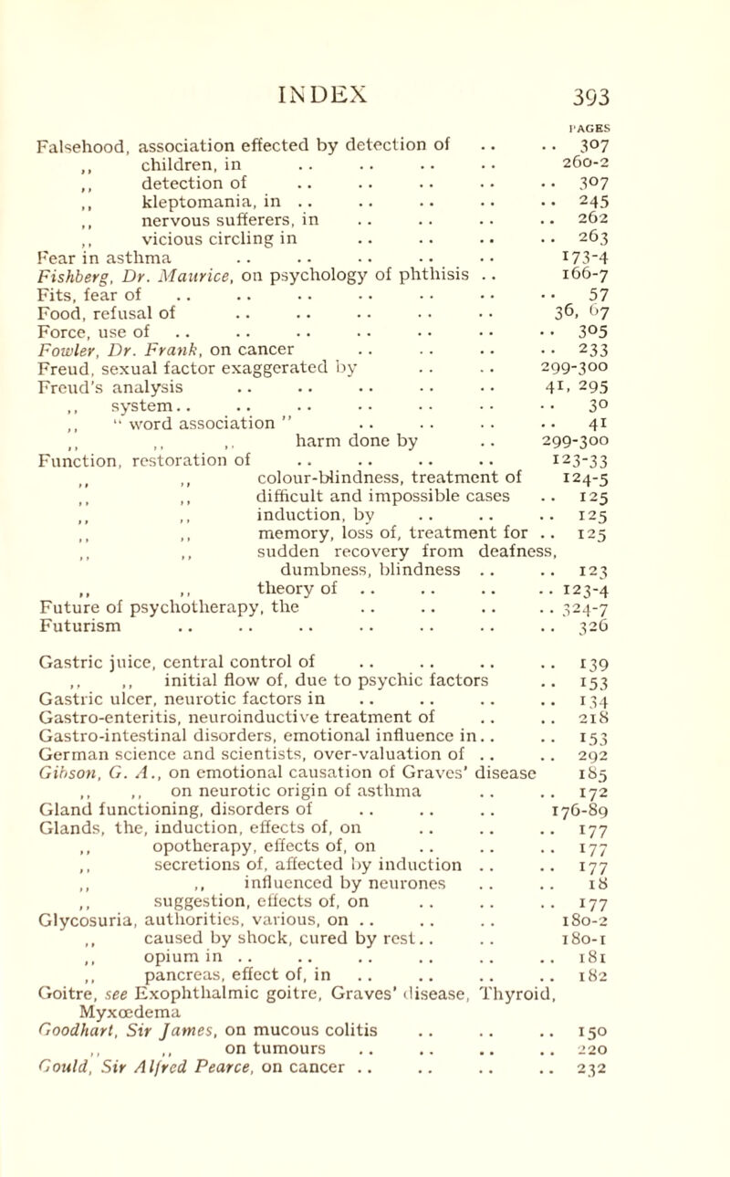 PAGES Falsehood, association effected by detection of .. .. 307 ,, children, in .. .. .. • • 260-2 ,, detection of .. .. . • • • • • 3°7 ,, kleptomania, in .. .. .. .. .. 245 ,, nervous sufferers, in .. .. .. .. 262 ,, vicious circling in .. .. .. •• 263 Fear in asthma .. .. •. •• • • x73-4 Fishberg, Dr. Maurice, on psychology of phthisis .. 166-7 Fits, fear of .. .. .. .. •• •• •• 57 Food, refusal of .. .. • • • • • • 36, 67 Force, use of .. .. .. • • • • • • 3°5 Fowler, Dr. Frank, on cancer .. .. .. .. 233 Freud, sexual factor exaggerated by .. . . 299-300 Freud’s analysis .. .. .. • • •• 41* 295 ,, system.. .. •• •• •• •• 3° ,, “ word association ” .. .. .. .. 41 ,, ,, harm done by .. 299-300 Function, restoration of .. .. .. .. 123-33 ,, colour-blindness, treatment of 124-5 ,, ,, difficult and impossible cases .. 125 ,, ,, induction, by .. .. .. 125 ,, ,, memory, loss of, treatment for .. 125 ,, ,, sudden recovery from deafness, dumbness, blindness .. .. 123 ,, ,, theory of.123-4 Future of psychotherapy, the .. .. .. .. 324-7 Futurism .. .. .. .. .. .. .. 326 Gastric juice, central control of .. .. .. .. 139 ,, ,, initial flow of, due to psychic factors .. 153 Gastric ulcer, neurotic factors in .. .. .. .. 134 Gastro-enteritis, neuroinductive treatment of .. .. 218 Gastro-intestinal disorders, emotional influence in.. .. 153 German science and scientists, over-valuation of .. .. 292 Gibson, G. A., on emotional causation of Graves’ disease 185 ,, ,, on neurotic origin of asthma .. .. 172 Gland functioning, disorders of .. .. .. 176-89 Glands, the, induction, effects of, on .. .. .. 177 ,, opotherapy, effects of, on .. .. .. 177 ,, secretions of, affected by induction .. .. 177 ,, ,, influenced by neurones .. .. 18 ,, suggestion, effects of, on .. .. .. 177 Glycosuria, authorities, various, on .. .. .. 180-2 ,, caused by shock, cured by rest.. .. 180-1 ,, opium in .. .. .. .. .. .. 181 ,, pancreas, effect of, in .. .. .. .. 182 Goitre, see Exophthalmic goitre, Graves’ disease, Thyroid, Myxcedema Goodhart, Sir James, on mucous colitis .. .. .. 150 ,, ,, on tumours .. .. .. .. 220 Gould, Sir Alfred Pearce, on cancer .. .. .. .. 232