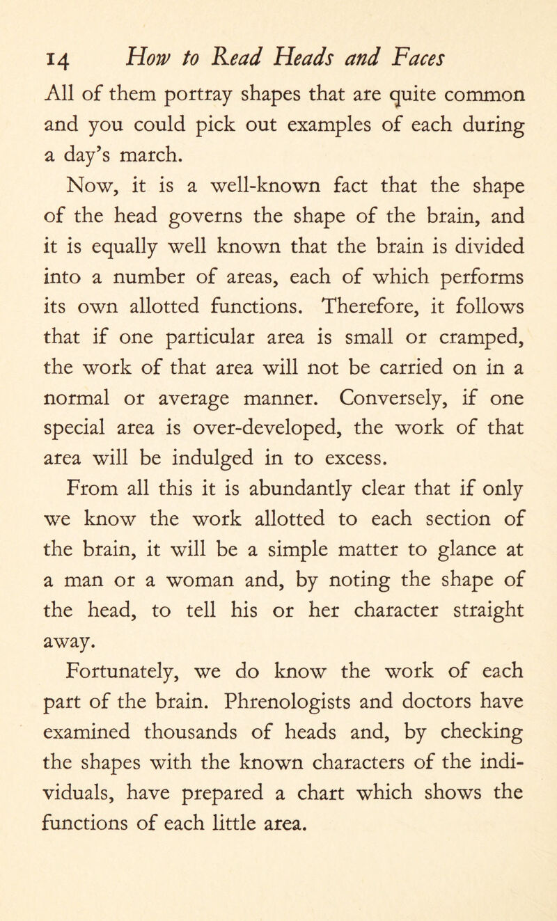 All of them portray shapes that are quite common and you could pick out examples of each during a day’s march. Now, it is a well-known fact that the shape of the head governs the shape of the brain, and it is equally well known that the brain is divided into a number of areas, each of which performs its own allotted functions. Therefore, it follows that if one particular area is small or cramped, the work of that area will not be carried on in a normal or average manner. Conversely, if one special area is over-developed, the work of that area will be indulged in to excess. From all this it is abundantly clear that if only we know the work allotted to each section of the brain, it will be a simple matter to glance at a man or a woman and, by noting the shape of the head, to tell his or her character straight away. Fortunately, we do know the work of each part of the brain. Phrenologists and doctors have examined thousands of heads and, by checking the shapes with the known characters of the indi¬ viduals, have prepared a chart which shows the functions of each little area.