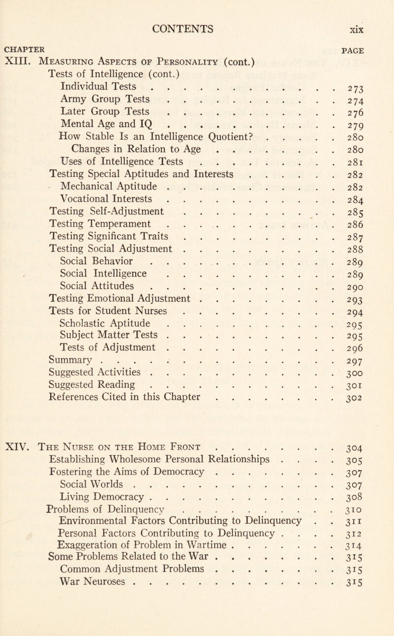 CHAPTER PAGE XIII. Measuring Aspects of Personality (cont.) Tests of Intelligence (cont.) Individual Tests.273 Army Group Tests.274 Later Group Tests.276 Mental Age and IQ.279 How Stable Is an Intelligence Quotient?.280 Changes in Relation to Age.280 Uses of Intelligence Tests.281 Testing Special Aptitudes and Interests.282 Mechanical Aptitude.282 Vocational Interests.284 Testing Self-Adjustment.285 Testing Temperament.286 Testing Significant Traits.287 Testing Social Adjustment.288 Social Behavior. 289 Social Intelligence.289 Social Attitudes.290 Testing Emotional Adjustment.293 Tests for Student Nurses.294 Scholastic Aptitude.295 Subject Matter Tests.295 Tests of Adjustment.296 Summary. 297 Suggested Activities.300 Suggested Reading.301 References Cited in this Chapter.302 XIV. The Nurse on the Home Front.304 Establishing Wholesome Personal Relationships . . . -305 Fostering the Aims of Democracy.307 Social Worlds.307 Living Democracy.308 Problems of Delinquency.310 Environmental Factors Contributing to Delinquency . . 311 Personal Factors Contributing to Delinquency . . . .312 Exaggeration of Problem in Wartime.314 Some Problems Related to the War.315 Common Adjustment Problems.315 War Neuroses.315