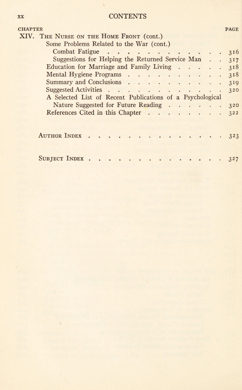 CHAPTER PAGE XIV. The Nurse on the Home Front (cont.) Some Problems Related to the War (cont.) Combat Fatigue.316 Suggestions for Helping the Returned Service Man . . 317 Education for Marriage and Family Living.318 Mental Hygiene Programs.318 Summary and Conclusions.319 Suggested Activities.320 A Selected List of Recent Publications of a Psychological Nature Suggested for Future Reading.320 References Cited in this Chapter.322 Author Index.323 Subject Index.327