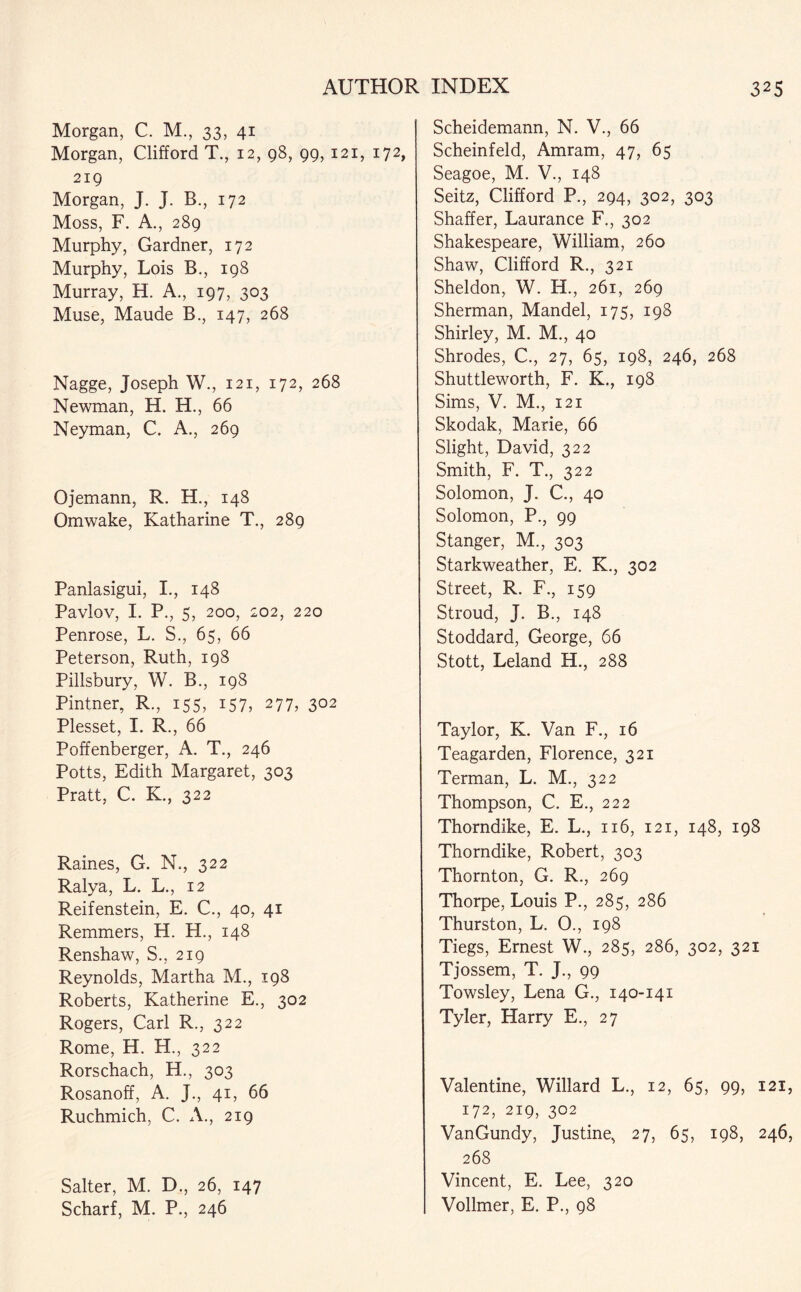 Morgan, C. M., 33, 41 Morgan, Clifford T., 12, 98, 99, 121, 172, 219 Morgan, J. J. B., 172 Moss, F. A., 289 Murphy, Gardner, 172 Murphy, Lois B., 198 Murray, H. A., 197, 303 Muse, Maude B., 147, 268 Nagge, Joseph W., 121, 172, 268 Newman, H. H., 66 Neyman, C, A., 269 Ojemann, R. H., 148 Omwake, Katharine T., 289 Panlasigui, I., 148 Pavlov, I. P., 5, 200, 202, 220 Penrose, L. S., 65, 66 Peterson, Ruth, 198 Pillsbury, W. B., 198 Pintner, R., 155, 157, 277, 302 Plesset, I. R., 66 Poffenberger, A. T., 246 Potts, Edith Margaret, 303 Pratt, C. K., 322 Raines, G. N., 322 Ralya, L. L., 12 Reifenstein, E. C., 40, 41 Remmers, H. H., 148 Renshaw, S., 219 Reynolds, Martha M., 198 Roberts, Katherine E., 302 Rogers, Carl R., 322 Rome, H. H., 322 Rorschach, H., 303 Rosanoff, A. J., 41, 66 Ruchmich, C. A., 219 Salter, M. D., 26, 147 Scharf, M. P., 246 Scheidemann, N. V., 66 Scheinfeld, Amram, 47, 65 Seagoe, M. V., 148 Seitz, Clifford P., 294, 302, 303 Shaffer, Laurance F., 302 Shakespeare, William, 260 Shaw, Clifford R., 321 Sheldon, W. H., 261, 269 Sherman, Mandel, 175, 198 Shirley, M. M., 40 Shrodes, C., 27, 65, 198, 246, 268 Shuttleworth, F. K., 198 Sims, V. M., 121 Skodak, Marie, 66 Slight, David, 322 Smith, F. T., 322 Solomon, J. C., 40 Solomon, P., 99 Stanger, M., 303 Starkweather, E. K., 302 Street, R. F., 159 Stroud, J. B., 148 Stoddard, George, 66 Stott, Leland H., 288 Taylor, K. Van F., 16 Teagarden, Florence, 321 Terman, L. M., 322 Thompson, C. E., 222 Thorndike, E. L., 116, 121, 148, 198 Thorndike, Robert, 303 Thornton, G. R., 269 Thorpe, Louis P., 285, 286 Thurston, L. 0., 198 Tiegs, Ernest W., 285, 286, 302, 321 Tjossem, T. J., 99 Towsley, Lena G., 140-141 Tyler, Harry E., 27 Valentine, Willard L., 12, 65, 99, 121, 172, 219, 302 VanGundy, Justine, 27, 65, 198, 246, 268 Vincent, E. Lee, 320 Vollmer, E. P., 98