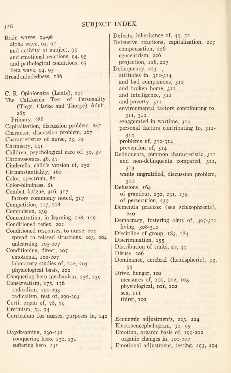Brain waves, 94-96 alpha wave, 94, 95 and activity of subject, 95 and emotional reactions, 94, 95 and pathological conditions, 95 beta wave, 94, 95 Broad-mindedness, 186 C. R. Opinionaire (Lentz), 291 The California Test of Personality (Tiegs, Clarke and Thorpe) Adult, 285 Primary, 286 Capitalization, discussion problem, 245 Character, discussion problem, 267 Characteristics of nurse, 23, 24 Chemistry, 141 Children, psychological care of, 30, 32 Chromosomes, 46, 47 Cinderella, child’s version of, 150 Circumstantiality, 162 Color, spectrum, 81 Color-blindness, 81 Combat fatigue, 316, 317 factors commonly noted, 317 Competition, 107, 108 Compulsion, 239 Concentration, in learning, 128, 129 Conditioned reflex, 202 Conditioned responses, to nurse, 204 spread to related situations, 203, 204 unlearning, 205-207 Conditioning, direct, 207 emotional, 202-207 laboratory studies of, 202, 203 physiological basis, 202 Conquering hero mechanism, 238, 239 Conservatism, 175, 176 radicalism, 290-293 radicalism, test of, 290-293 Corti, organ of, 78, 79 Cretinism, 54, 74 Curriculum for nurses, purposes in, 142 Daydreaming, 230-232 conquering hero, 230, 231 suffering hero, 231 Defects, inheritance of, 49, 52 Defensive reactions, capitalization, 227 compensation, 226 egocentrism, 226 projection, 226, 227 Delinquency, 223 attitudes in, 312-314 and bad companions, 312 and broken home, 311 and intelligence, 312 and poverty, 311 environmental factors contributing to, 311, 312 exaggerated in wartime, 314 personal factors contributing to, 312- 3i4 problems of, 310-314 prevention of, 314 Delinquents, common characteristic, 311 and non-delinquents compared, 312, 3i3 wants ungratified, discussion problem, 320 Delusions, 164 of grandeur, 230, 231, 239 of persecution, 239 Dementia praecox (see schizophrenia), 240 Democracy, fostering aims of, 307-310 living, 308-310 Discipline of group, 183, 184 Discrimination, 155 Distribution of traits, 42, 44 Disuse, 206 Dominance, cerebral (hemispheric), 93, 94 Drive, hunger, 102 measures of, 101, 102, 103 physiological, 101, 102 sex, ni thirst, 102 Economic adjustments, 223, 224 Electroencephalogram, 94, 95 Emotion, organic basis of, 199-202 organic changes in, 200-202 Emotional adjustment, testing, 293, 294