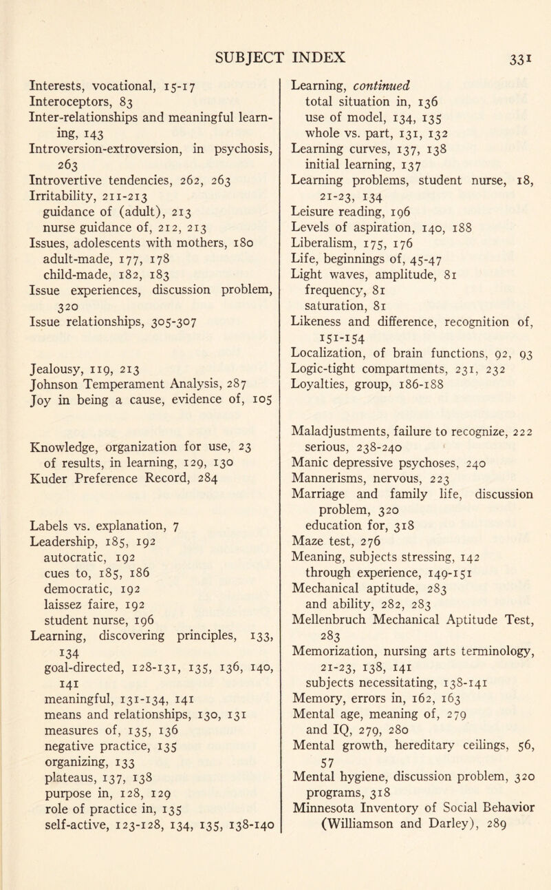 Interests, vocational, 15-17 Interoceptors, 83 Inter-relationships and meaningful learn¬ ing, 143 Introversion-extroversion, in psychosis, 263 Introvertive tendencies, 262, 263 Irritability, 211-213 guidance of (adult), 213 nurse guidance of, 212, 213 Issues, adolescents with mothers, 180 adult-made, 177, 178 child-made, 182, 183 Issue experiences, discussion problem, 320 Issue relationships, 305-307 Jealousy, 119, 213 Johnson Temperament Analysis, 287 Joy in being a cause, evidence of, 105 Knowledge, organization for use, 23 of results, in learning, 129, 130 Kuder Preference Record, 284 Labels vs. explanation, 7 Leadership, 185, 192 autocratic, 192 cues to, 185, 186 democratic, 192 laissez faire, 192 student nurse, 196 Learning, discovering principles, 133, 134 goal-directed, 128-131, 135, 136, 140, 141 meaningful, 131-134, 141 means and relationships, 130, 131 measures of, 135, 136 negative practice, 135 organizing, 133 plateaus, 137, 138 purpose in, 128, 129 role of practice in, 135 self-active, 123-128, 134, 135, 138-140 Learning, continued total situation in, 136 use of model, 134, 135 whole vs. part, 131, 132 Learning curves, 137, 138 initial learning, 137 Learning problems, student nurse, 18, 21-23, 134 Leisure reading, 196 Levels of aspiration, 140, 188 Liberalism, 175, 176 Life, beginnings of, 45-47 Light waves, amplitude, 81 frequency, 81 saturation, 81 Likeness and difference, recognition of, I5I-I54 Localization, of brain functions, 92, 93 Logic-tight compartments, 231, 232 Loyalties, group, 186-188 Maladjustments, failure to recognize, 222 serious, 238-240 Manic depressive psychoses, 240 Mannerisms, nervous, 223 Marriage and family life, discussion problem, 320 education for, 318 Maze test, 276 Meaning, subjects stressing, 142 through experience, 149-151 Mechanical aptitude, 283 and ability, 282, 283 Mellenbruch Mechanical Aptitude Test, 283 Memorization, nursing arts terminology, 21-23, 138, 141 subjects necessitating, 138-141 Memory, errors in, 162, 163 Mental age, meaning of, 279 and IQ, 279, 280 Mental growth, hereditary ceilings, 56, 57 Mental hygiene, discussion problem, 320 programs, 318 Minnesota Inventory of Social Behavior (Williamson and Darley), 289