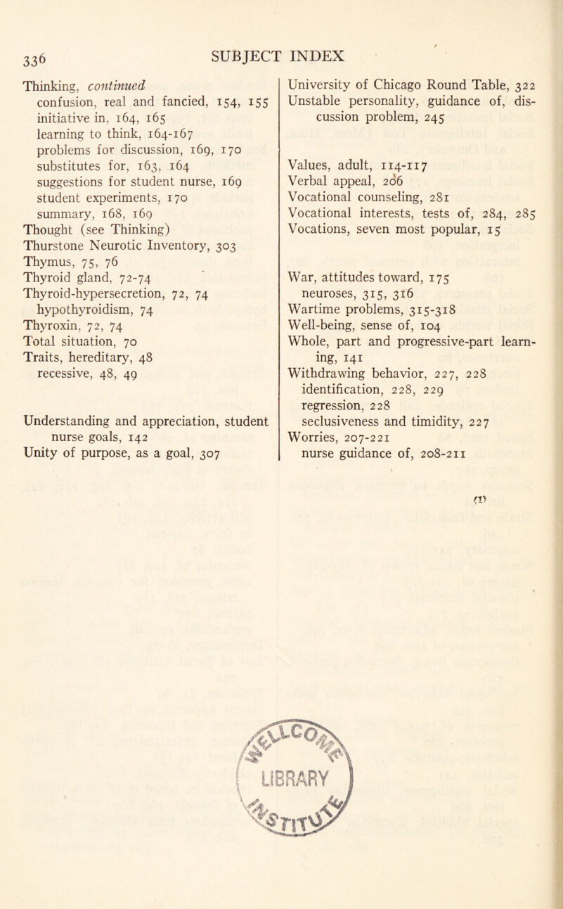 Thinking, continued confusion, real and fancied, 154, 155 initiative in, 164, 165 learning to think, 164-167 problems for discussion, 169, 170 substitutes for, 163, 164 suggestions for student nurse, 169 student experiments, 170 summary, 168, 169 Thought (see Thinking) Thurstone Neurotic Inventory, 303 Thymus, 75, 76 Thyroid gland, 72-74 Thyroid-hypersecretion, 72, 74 hypothyroidism, 74 Thyroxin, 72, 74 Total situation, 70 Traits, hereditary, 48 recessive, 48, 49 Understanding and appreciation, student nurse goals, 142 Unity of purpose, as a goal, 307 University of Chicago Round Table, 322 Unstable personality, guidance of, dis¬ cussion problem, 245 Values, adult, 114-117 Verbal appeal, 206 Vocational counseling, 281 Vocational interests, tests of, 284, 285 Vocations, seven most popular, 15 War, attitudes toward, 175 neuroses, 315, 316 Wartime problems, 315-318 Well-being, sense of, 104 Whole, part and progressive-part learn¬ ing, 141 Withdrawing behavior, 227, 228 identification, 228, 229 regression, 228 seclusiveness and timidity, 227 Worries, 207-221 nurse guidance of, 208-211 (V