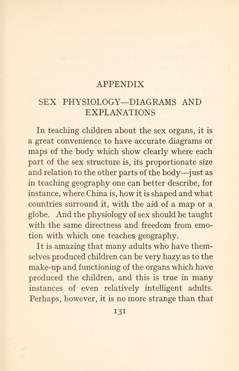 APPENDIX SEX PHYSIOLOGY-DIAGRAMS AND EXPLANATIONS In teaching children about the sex organs, it is a great convenience to have accurate diagrams or maps of the body which show clearly where each part of the sex structure is, its proportionate size and relation to the other parts of the body—just as in teaching geography one can better describe, for instance, where China is, how it is shaped and what countries surround it, with the aid of a map or a globe. And the physiology of sex should be taught with the same directness and freedom from emo¬ tion with which one teaches geography. It is amazing that many adults who have them¬ selves produced children can be very hazy as to the make-up and functioning of the organs which have produced the children, and this is true in many instances of even relatively intelligent adults. Perhaps, however, it is no more strange than that