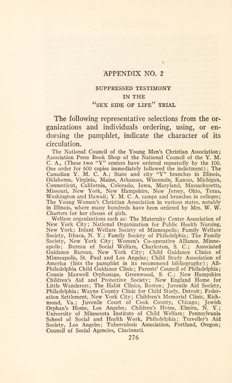 SUPPRESSED TESTIMONY IN THE “SEX SIDE OF life” TRIAL The following representative selections from the or¬ ganizations and individuals ordering, using, or en¬ dorsing the pamphlet, indicate the character of its circulation. The National Council of the Young Men’s Christian Association; Association Press Book Shop of the National Council of the Y. M. C. A., (These two “Y” centers have ordered repeatedly by the 100. One order for 600 copies immediately followed the indictment); The Canadian Y. M. C. A.; State and city “Y” branches in Illinois, Oklahoma, Virginia, Maine, Arkansas, Wisconsin, Kansas, Michigan, Connecticut, California, Colorado, Iowa, Maryland, Massachusetts, Missouri, New York, New Hampshire, New Jersey, Ohio, Texas, Washington and Hawaii; Y. M. C. A. camps and branches in colleges; The Young Women’s Christian Association in various states, notably in Illinois, where many hundreds have been ordered by Mrs. W. W. Charters for her classes of girls. Welfare organizations such as: The Maternity Center Association of New York City; National Organization for Public Health Nursing, New York; Infant Welfare Society of Minneapolis; Family Welfare Society, Ithaca, N. Y.; Family Society of Philadelphia; The Family Society, New York City; Women’s Co-operative Alliance, Minne¬ apolis; Bureau of Social Welfare, Charleston, S. C.; Associated Guidance Bureau, New York City; Child Guidance Clinics of Minneapolis, St. Paul and Los Angeles; Child Study Association of America (lists the pamphlet in its recommend bibliography); All- Philadelphia Child Guidance Clinic; Parents’ Council of Philadelphia; Connie Maxwell Orphanage, Greenwood, S. C.; New Hampshire Children’s Aid and Protective Society; New England Home for Little Wanderers; The Habit Clinics, Boston; Juvenile Aid Society, Philadelphia; Wayne County Clinic for Child Study, Detroit; Feder¬ ation Settlement, New York City; Children’s Memorial Clinic, Rich¬ mond, Va.; Juvenile Court of Cook County, Chicago; Jewish Orphan’s Home, Los Angeles; Children’s Home, Elmira, N. Y.; University of Minnesota Institute of Child Welfare; Pennsylvania School of Social and Health Work, Philadelphia; Traveller’s Aid Society, Los Angeles; Tuberculosis Association, Portland, Oregon; Council of Social Agencies, Cincinnati.