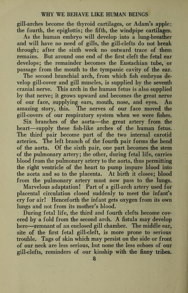 gill-arches become the thyroid cartilages, or Adam’s apple; the fourth, the epiglottis; the fifth, the windpipe cartilages. As the human embryo will develop into a lung-breather and will have no need of gills, the gill-clefts do not break through; after the sixth week no outward trace of them remains. But around one end of the first cleft the fetal ear develops; the remainder becomes the Eustachian tube, or passage from the mouth to the tympanic cavity of the ear. The second branchial arch, from which fish embryos de¬ velop gill-cover and gill muscles, is supplied by the seventh cranial nerve. This arch in the human fetus is also supplied by that nerve; it grows upward and becomes the great nerve of our face, supplying ears, mouth, nose, and eyes. An amazing story, this. The nerves of our face moved the gill-covers of our respiratory system when we were fishes. Six branches of the aorta—the great artery from the heart—supply these fish-like arches of the human fetus. The third pair become part of the two internal carotid arteries. The left branch of the fourth pair forms the bend of the aorta. Of the sixth pair, one part becomes the stem of the pulmonary artery; the other, during fetal life, carries blood from the pulmonary artery to the aorta, thus permitting the right ventricle of the heart to pump impure blood into the aorta and so to the placenta. At birth it closes; blood from the pulmonary artery must now pass to the lungs. Marvelous adaptation! Part of a gill-arch artery used for placental circulation closed suddenly to meet the infant’s cry for air! Henceforth the infant gets oxygen from its own lungs and not from its mother’s blood. During fetal life, the third and fourth clefts become cov¬ ered by a fold from the second arch. A fistula may develop here—remnant of an enclosed gill chamber. The middle ear, site of the first fetal gill-cleft, is more prone to serious trouble. Tags of skin which may persist on the side or front of our neck are less serious, but none the less echoes of our gill-clefts, reminders of our kinship with the finny tribes.