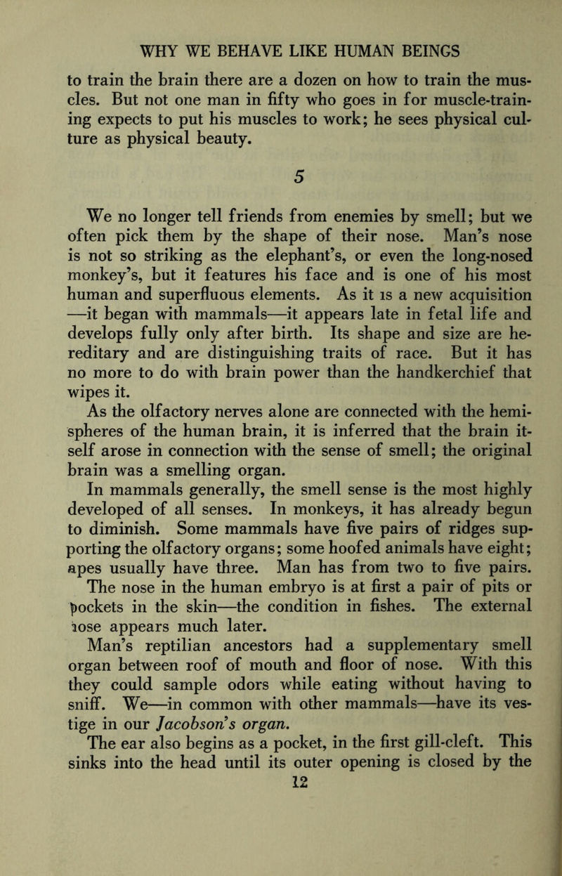 to train the brain there are a dozen on how to train the mus¬ cles. But not one man in fifty who goes in for muscle-train¬ ing expects to put his muscles to work; he sees physical cul¬ ture as physical beauty. 5 We no longer tell friends from enemies by smell; but we often pick them by the shape of their nose. Man’s nose is not so striking as the elephant’s, or even the long-nosed monkey’s, but it features his face and is one of his most human and superfluous elements. As it is a new acquisition —it began with mammals—it appears late in fetal life and develops fully only after birth. Its shape and size are he¬ reditary and are distinguishing traits of race. But it has no more to do with brain power than the handkerchief that wipes it. As the olfactory nerves alone are connected with the hemi¬ spheres of the human brain, it is inferred that the brain it¬ self arose in connection with the sense of smell; the original brain was a smelling organ. In mammals generally, the smell sense is the most highly developed of all senses. In monkeys, it has already begun to diminish. Some mammals have five pairs of ridges sup¬ porting the olfactory organs; some hoofed animals have eight; apes usually have three. Man has from two to five pairs. The nose in the human embryo is at first a pair of pits or pockets in the skin—the condition in fishes. The external lose appears much later. Man’s reptilian ancestors had a supplementary smell organ between roof of mouth and floor of nose. With this they could sample odors while eating without having to sniff. We—in common with other mammals—have its ves¬ tige in our Jacobsons organ. The ear also begins as a pocket, in the first gill-cleft. This sinks into the head until its outer opening is closed by the