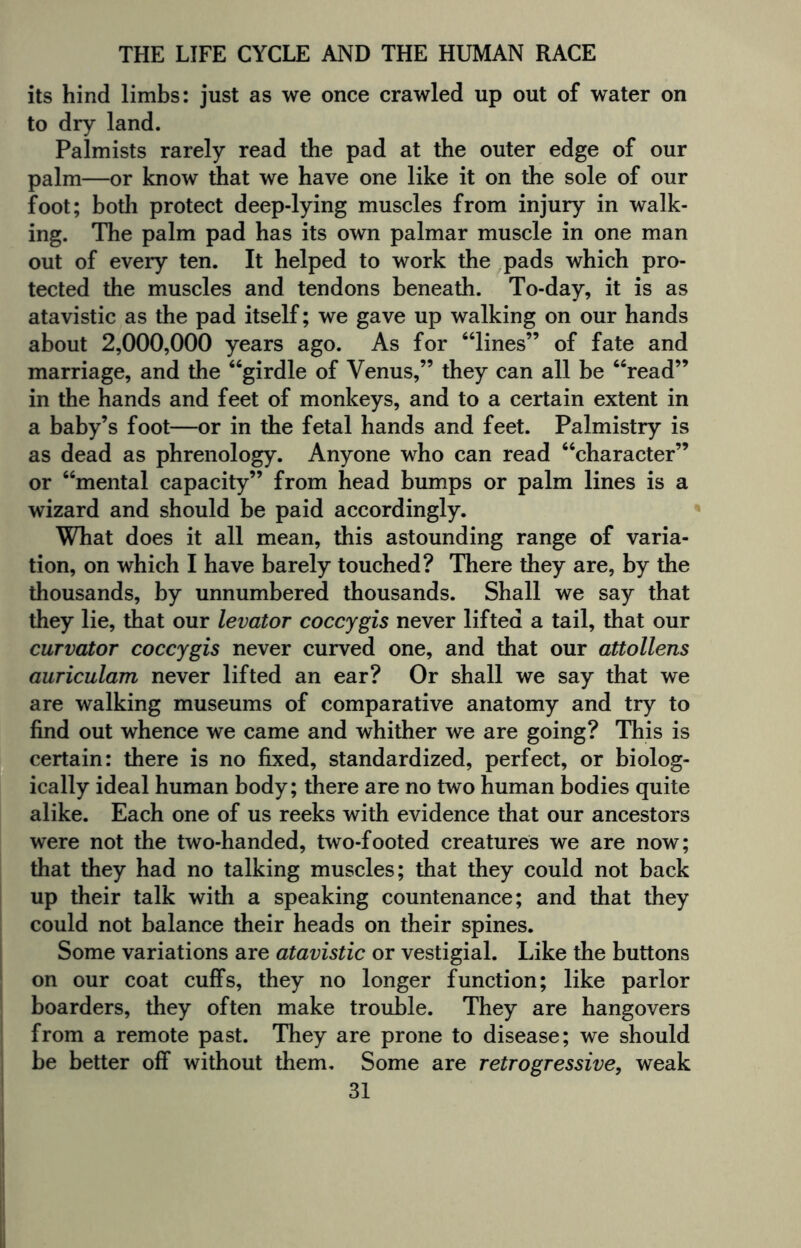 its hind limbs: just as we once crawled up out of water on to dry land. Palmists rarely read the pad at the outer edge of our palm—or know that we have one like it on the sole of our foot; both protect deep-lying muscles from injury in walk¬ ing. The palm pad has its own palmar muscle in one man out of every ten. It helped to work the pads which pro¬ tected the muscles and tendons beneath. To-day, it is as atavistic as the pad itself; we gave up walking on our hands about 2,000,000 years ago. As for “lines” of fate and marriage, and the “girdle of Venus,” they can all be “read” in the hands and feet of monkeys, and to a certain extent in a baby’s foot—or in the fetal hands and feet. Palmistry is as dead as phrenology. Anyone who can read “character” or “mental capacity” from head bumps or palm lines is a wizard and should be paid accordingly. What does it all mean, this astounding range of varia¬ tion, on which I have barely touched? There they are, by the thousands, by unnumbered thousands. Shall we say that they lie, that our levator coccygis never lifted a tail, that our curvator coccygis never curved one, and that our attollens auriculam never lifted an ear? Or shall we say that we are walking museums of comparative anatomy and try to find out whence we came and whither we are going? This is certain: there is no fixed, standardized, perfect, or biolog¬ ically ideal human body; there are no two human bodies quite alike. Each one of us reeks with evidence that our ancestors were not the two-handed, two-footed creatures we are now; that they had no talking muscles; that they could not back up their talk with a speaking countenance; and that they could not balance their heads on their spines. Some variations are atavistic or vestigial. Like the buttons on our coat cuffs, they no longer function; like parlor boarders, they often make trouble. They are hangovers from a remote past. They are prone to disease; we should be better off without them. Some are retrogressive, weak