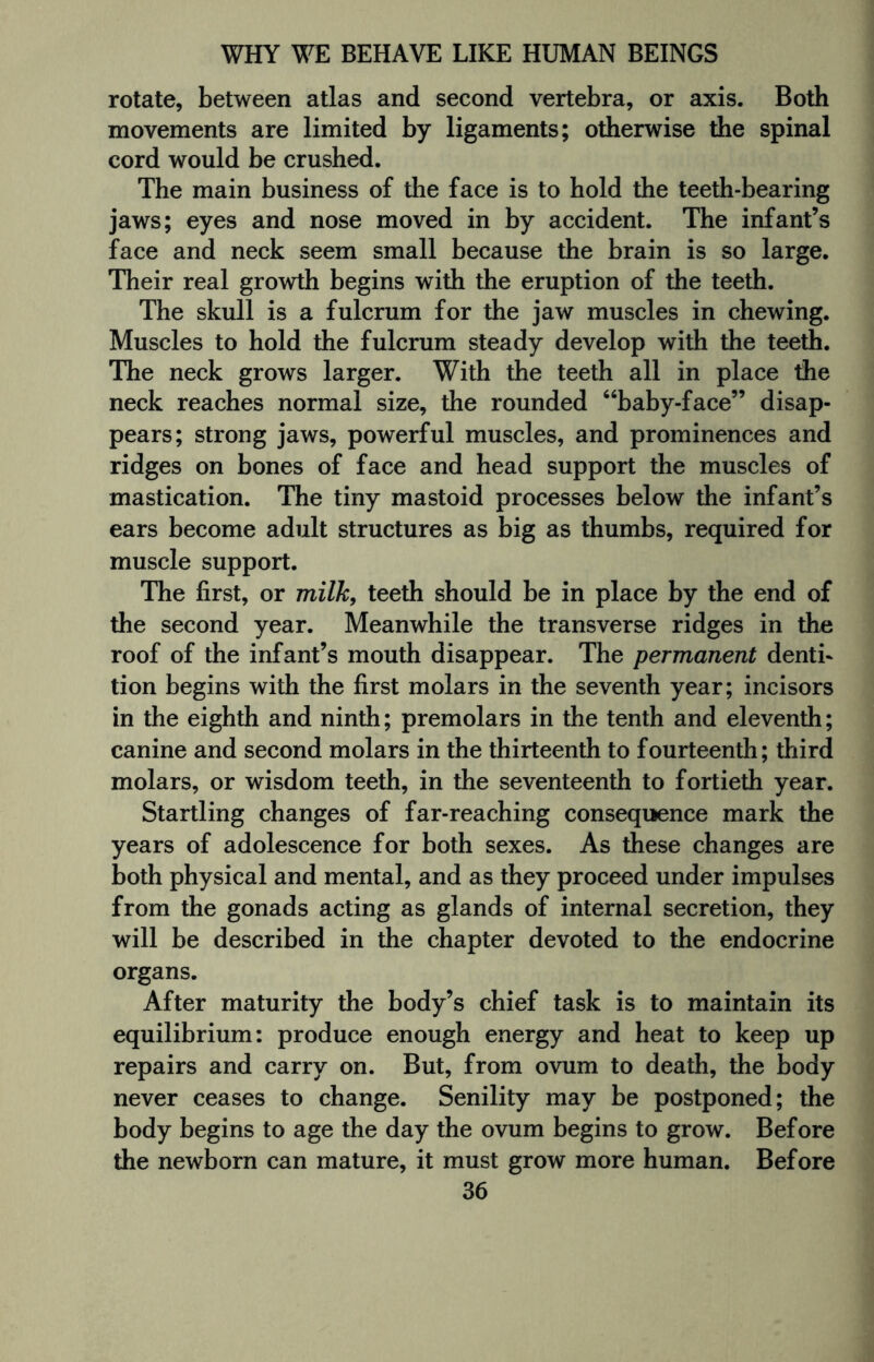 rotate, between atlas and second vertebra, or axis. Both movements are limited by ligaments; otherwise the spinal cord would be crushed. The main business of the face is to hold the teeth-bearing jaws; eyes and nose moved in by accident. The infant’s face and neck seem small because the brain is so large. Their real growth begins with the eruption of the teeth. The skull is a fulcrum for the jaw muscles in chewing. Muscles to hold the fulcrum steady develop with the teeth. The neck grows larger. With the teeth all in place the neck reaches normal size, the rounded “baby-face” disap¬ pears; strong jaws, powerful muscles, and prominences and ridges on bones of face and head support the muscles of mastication. The tiny mastoid processes below the infant’s ears become adult structures as big as thumbs, required for muscle support. The first, or milk, teeth should be in place by the end of the second year. Meanwhile the transverse ridges in the roof of the infant’s mouth disappear. The permanent denti¬ tion begins with the first molars in the seventh year; incisors in the eighth and ninth; premolars in the tenth and eleventh; canine and second molars in the thirteenth to fourteenth; third molars, or wisdom teeth, in the seventeenth to fortieth year. Startling changes of far-reaching consequence mark the years of adolescence for both sexes. As these changes are both physical and mental, and as they proceed under impulses from the gonads acting as glands of internal secretion, they will be described in the chapter devoted to the endocrine organs. After maturity the body’s chief task is to maintain its equilibrium: produce enough energy and heat to keep up repairs and carry on. But, from ovum to death, the body never ceases to change. Senility may be postponed; the body begins to age the day the ovum begins to grow. Before the newborn can mature, it must grow more human. Before