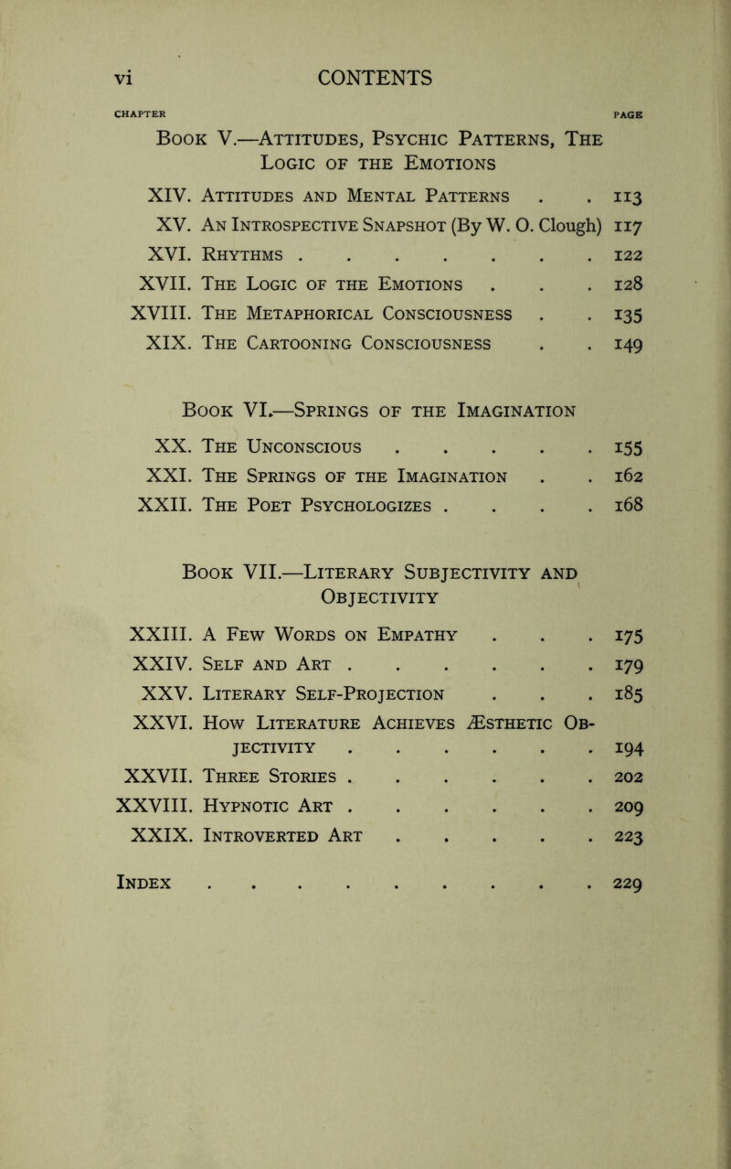 chapter Book V.—Attitudes, Psychic Patterns, The Logic of the Emotions XIV. Attitudes and Mental Patterns XV. An Introspective Snapshot (By W. O. Clough) XVI. Rhythms. XVII. The Logic of the Emotions XVIII. The Metaphorical Consciousness XIX. The Cartooning Consciousness Book VI.—Springs of the Imagination XX. The Unconscious. XXI. The Springs of the Imagination XXII. The Poet Psychologizes .... Book VII.—Literary Subjectivity and Objectivity XXIII. A Few Words on Empathy XXIV. Self and Art. XXV. Literary Self-Projection XXVI. How Literature Achieves .Esthetic- Ob¬ jectivity . XXVII. Three Stories .. XXVIII. Hypnotic Art. XXIX. Introverted Art. PAGE 113 117 122 128 135 149 i55 162 168 i75 i79 185 194 202 209 223 Index 229